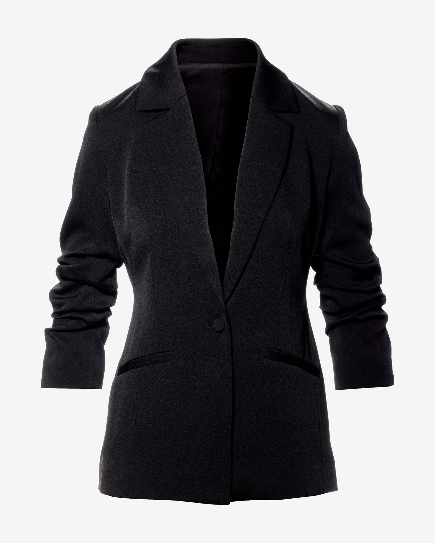 Ruched Sleeve Matte Satin Single Button Blazer Black