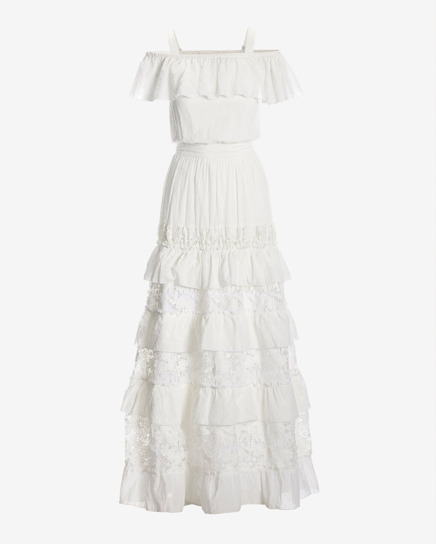 Off The Shoulder Lace Inset Blouson Maxi Dress White