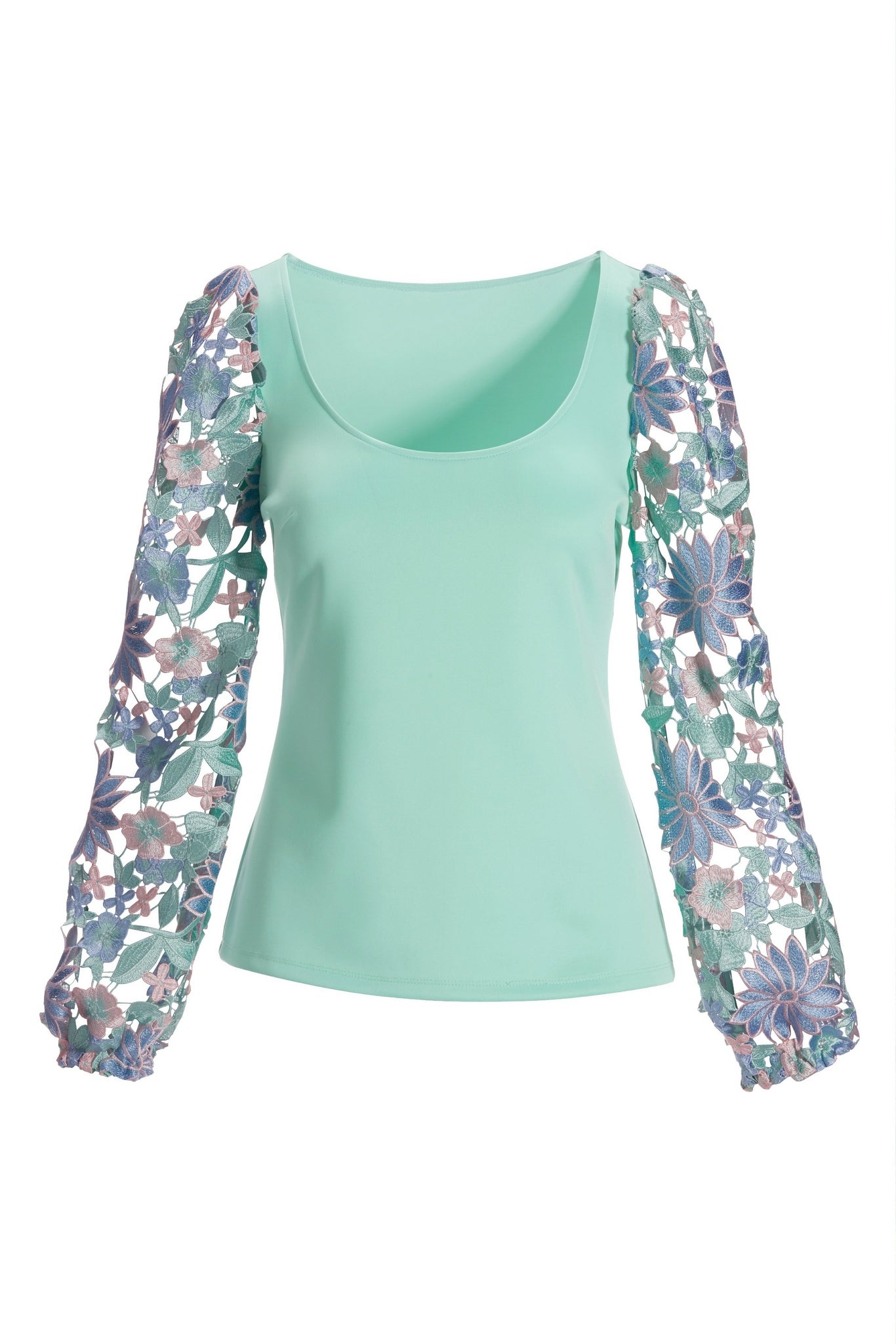 Lace Sleeve Scoop Neck Ponte Knit Top Mint Multi