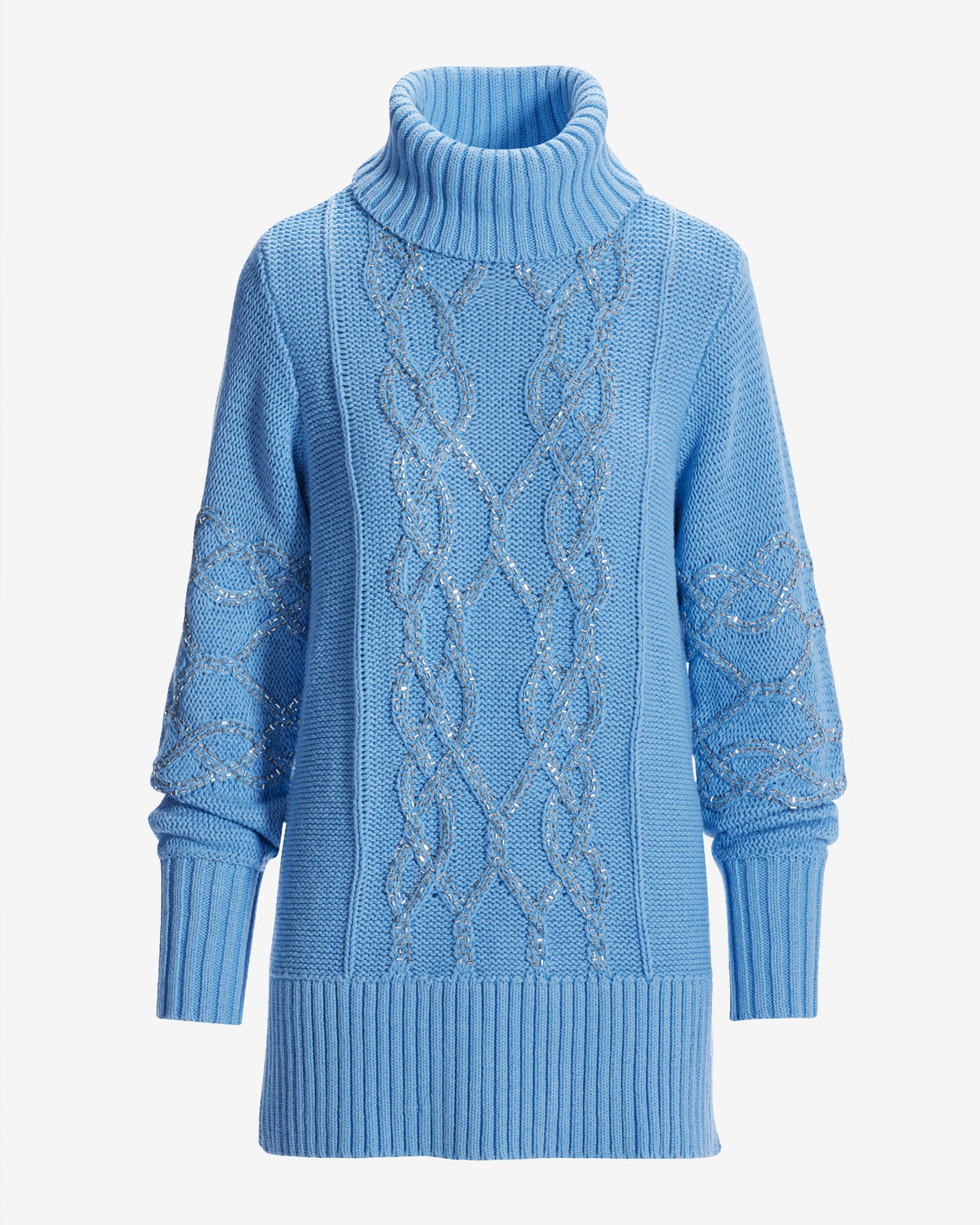 Embellished Cable Turtleneck Tunic Sweater Clear Blue Sky