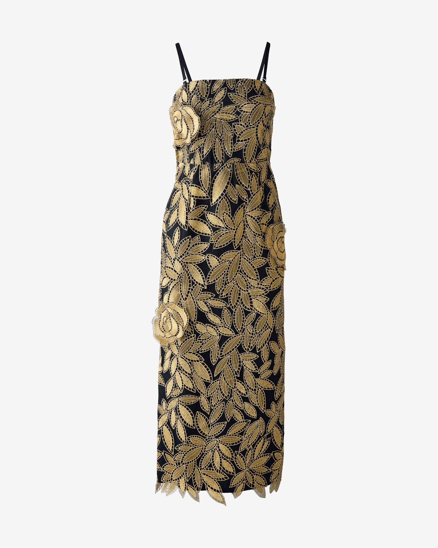 Strapless Gold Rose Eyelet Midi Dress Black/Gold