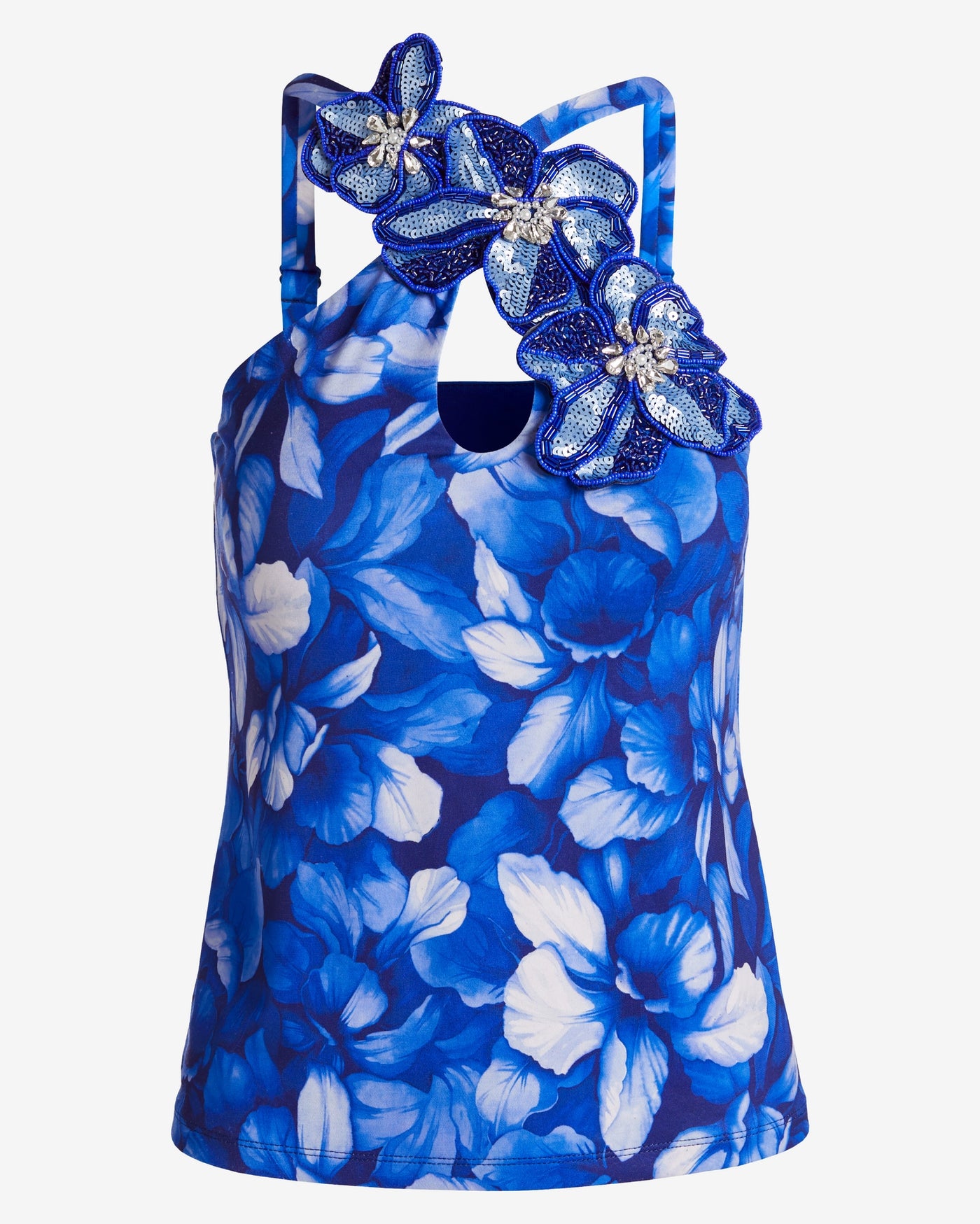 Printed Keyhole Floral Applique Knit Tank Blue Iris Floral