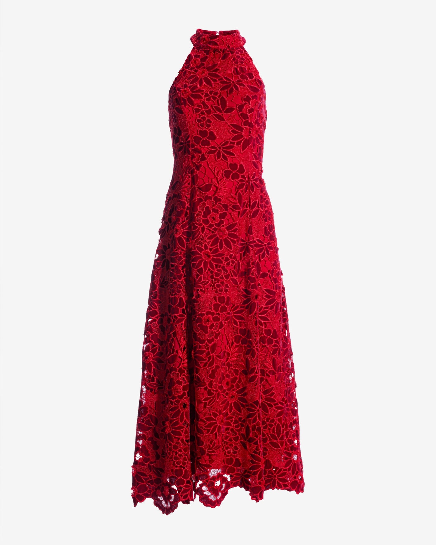 Mock Neck Velvet Lace Midi Dress Racing Red