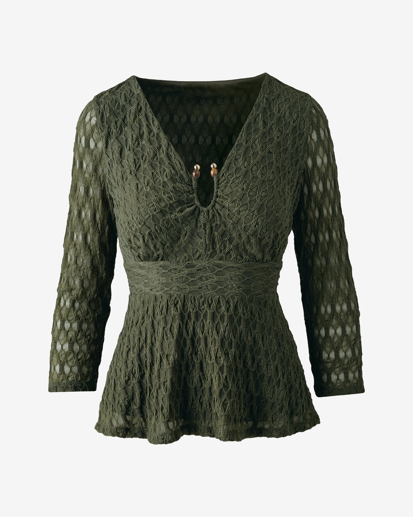 Textured Knit Top with Beaded Neck Detail Bronze Green