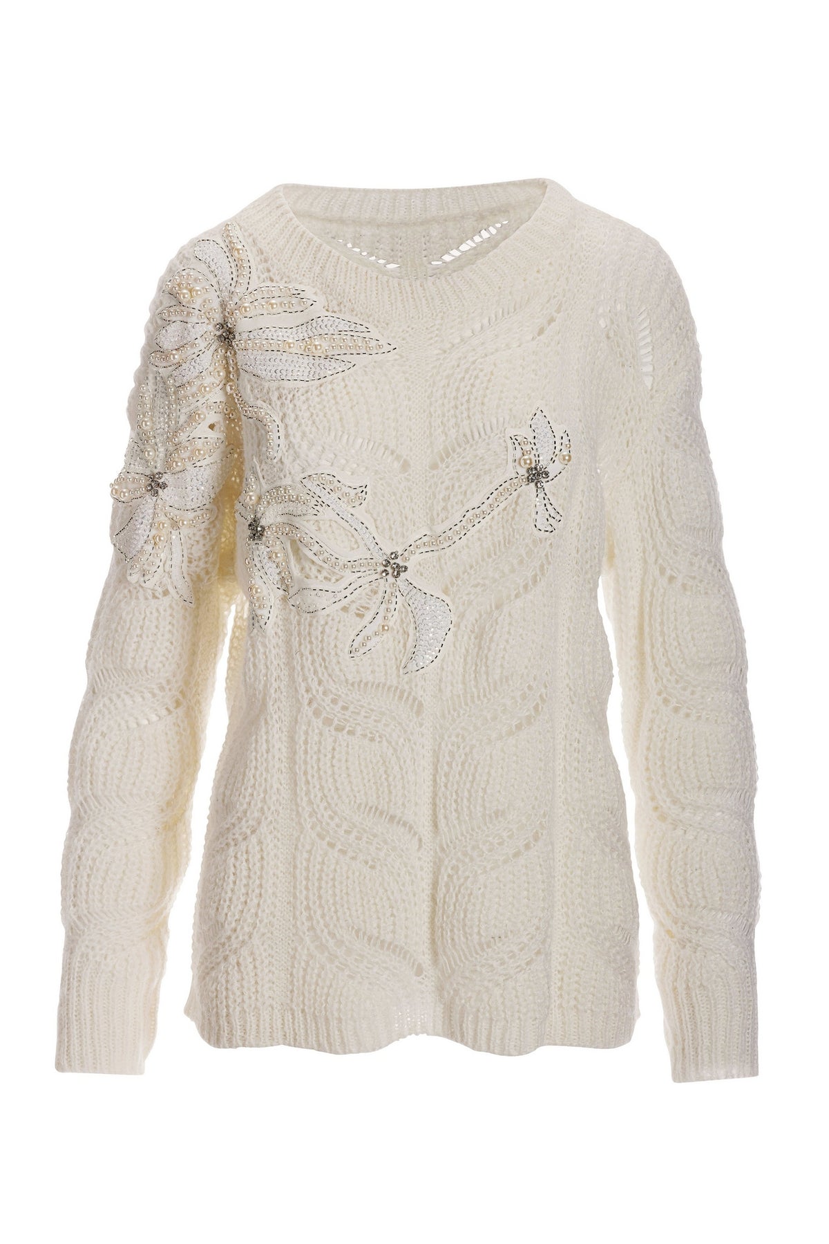 Pearl and Embellished Floral Open Stitch Sweater Off White