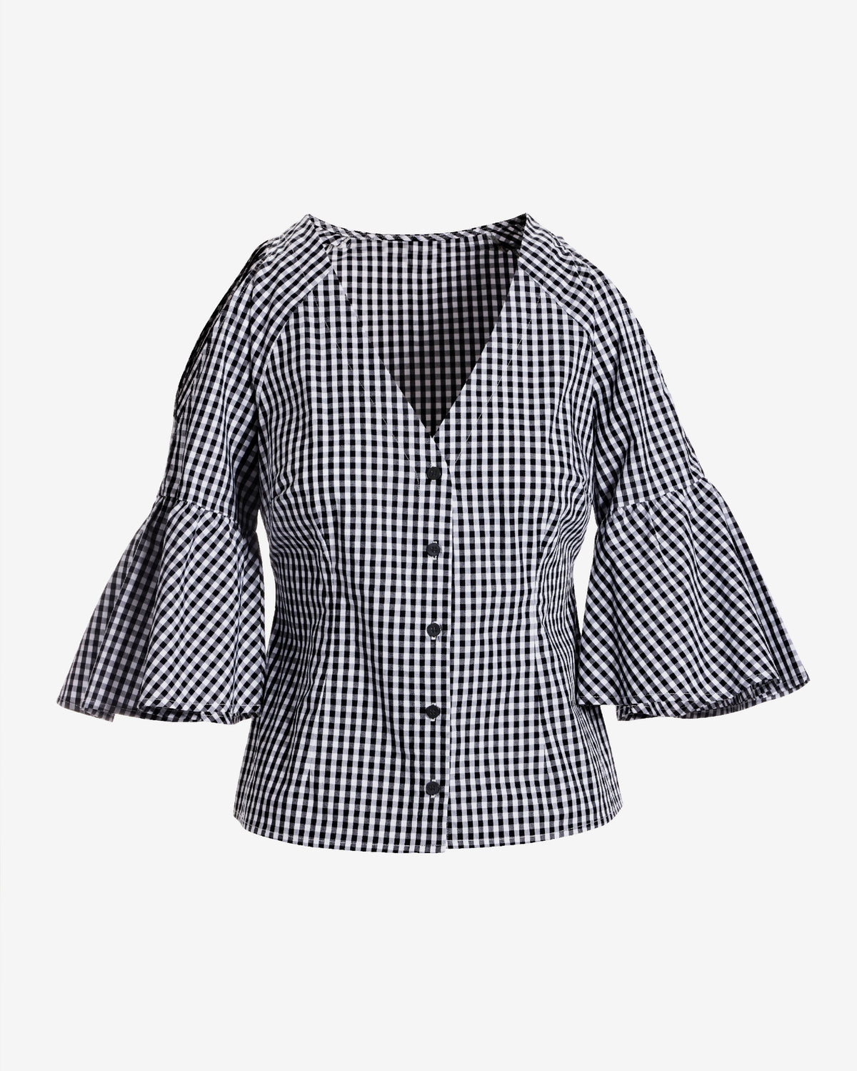 Cold Shoulder Print Button Up Top Black/White Gingham