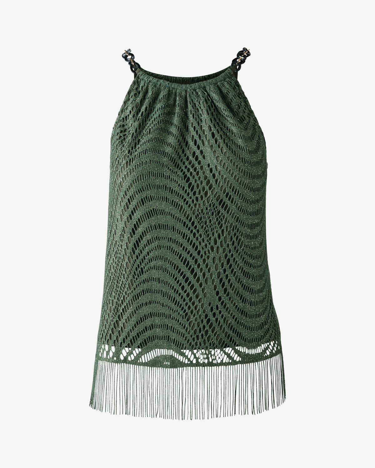 Novelty Eyelet Fringe Halter Top Bronze Green