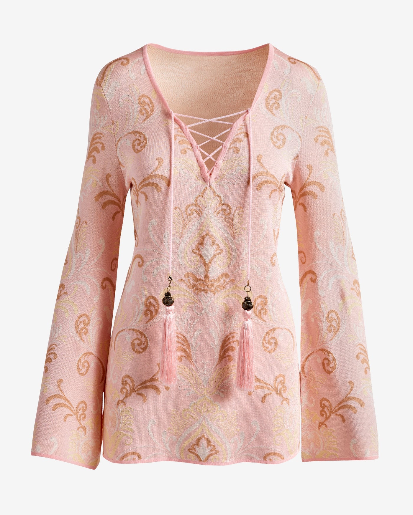Printed Lace Up Front Sweater Tunic Wanderlust Scroll
