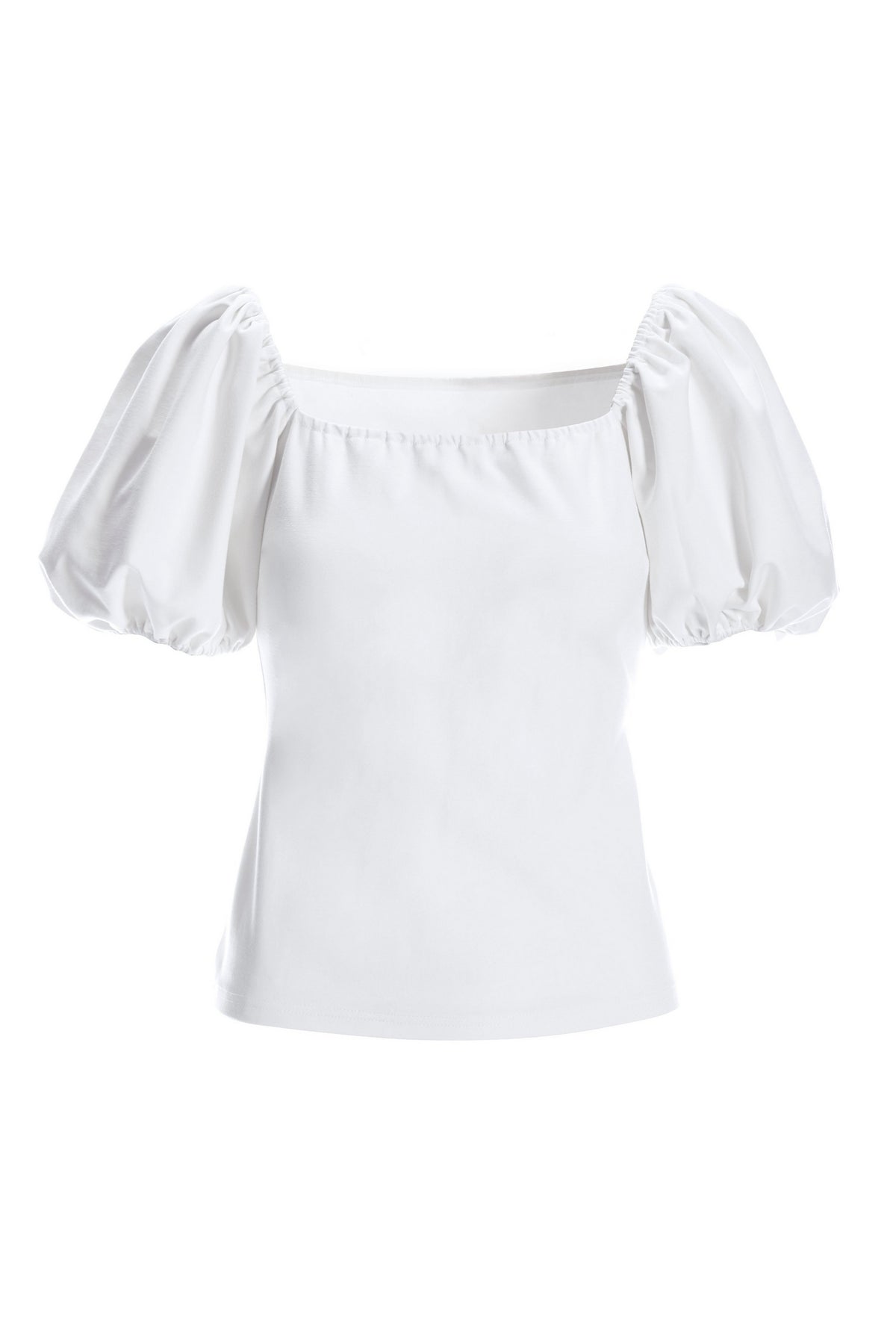 Puff-Sleeve Ponte Square Neck Top White