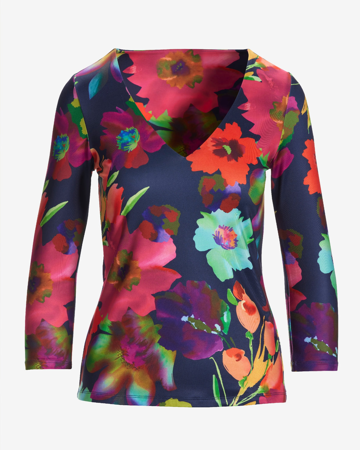 So Modern Watercolor Floral Three Quarter V Neck Top Multi