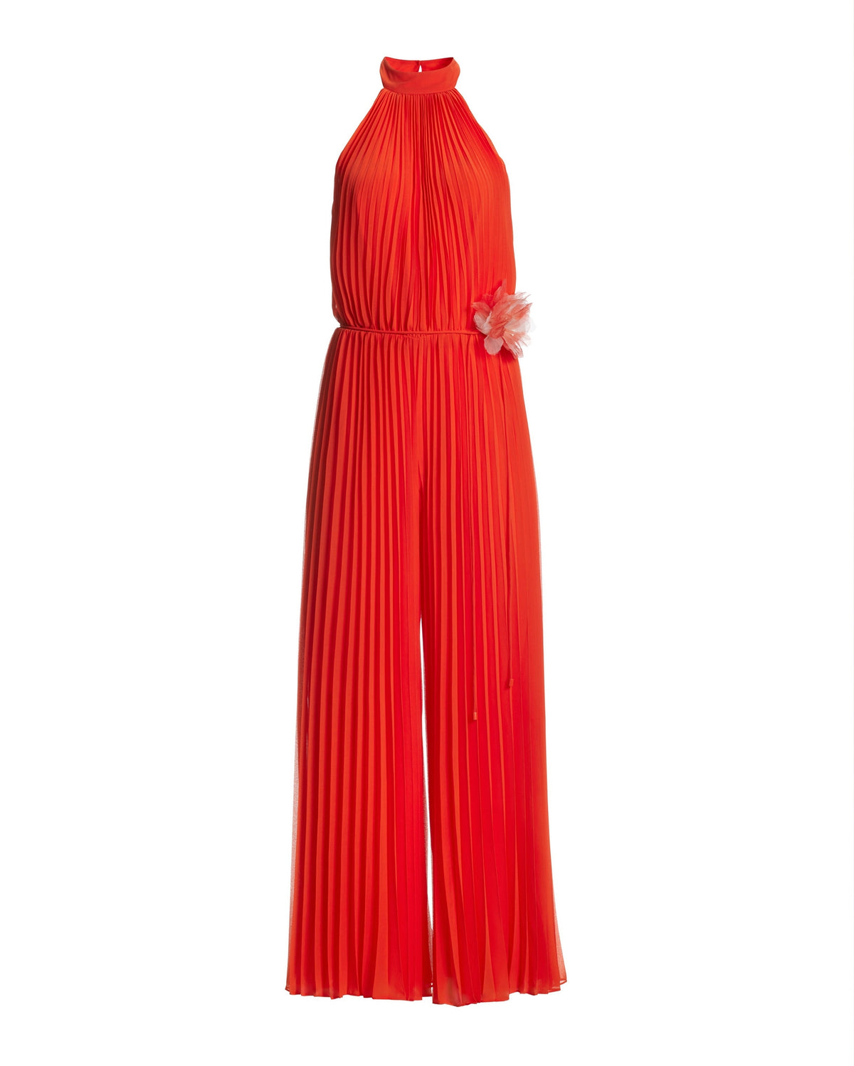 High Neck Pleated Jumpsuit with Floral Belt Caliente
