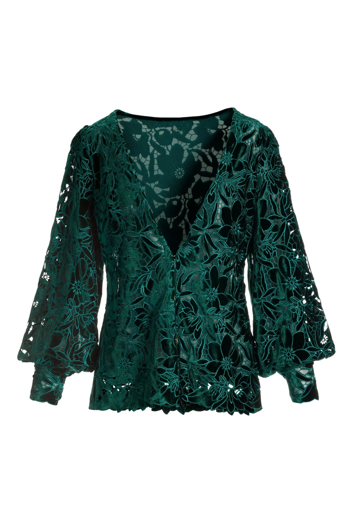 Velvet Floral Lace Hip Length Duster Emerald