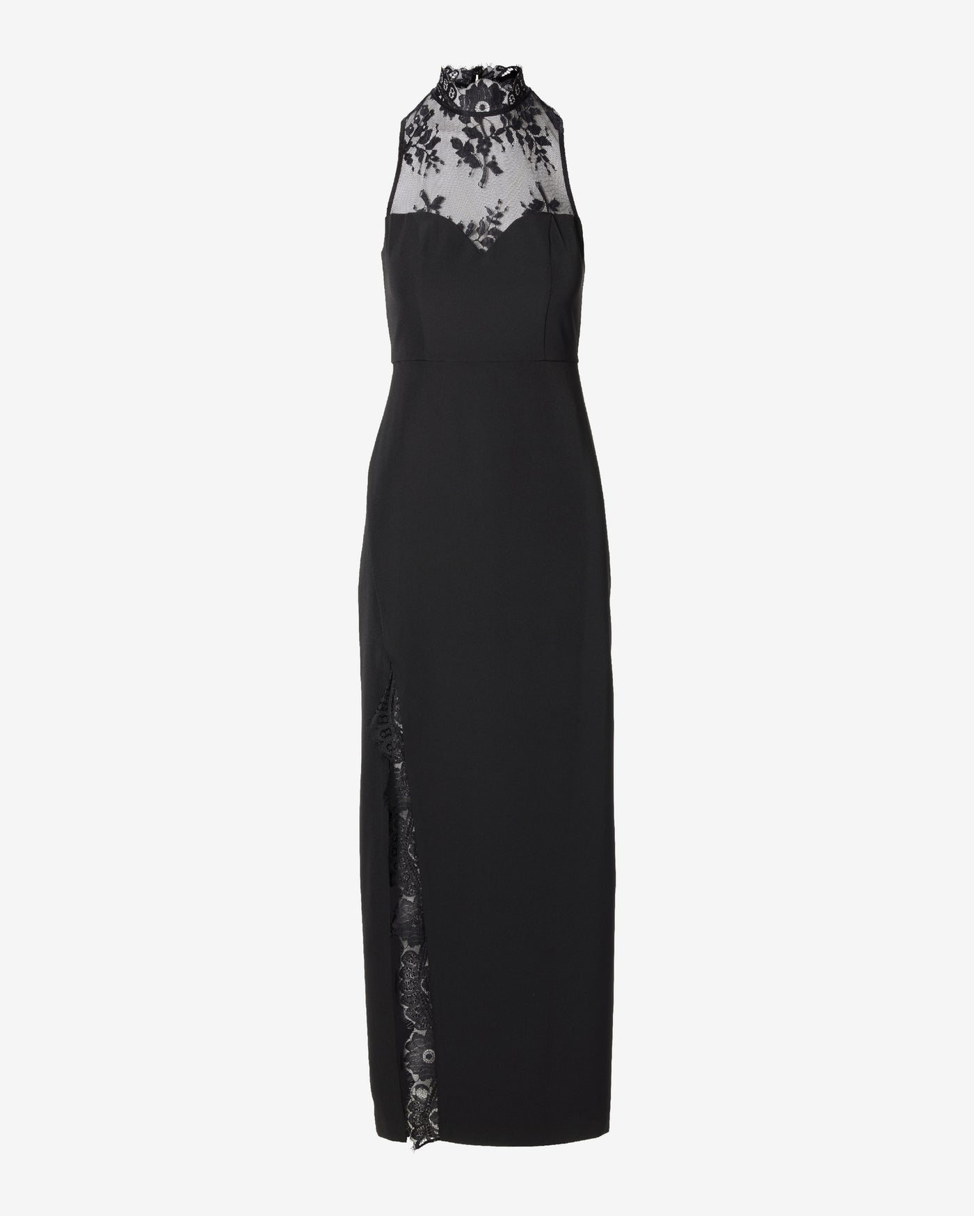 Delicate Lace Mock Neck Slit Maxi Dress Black