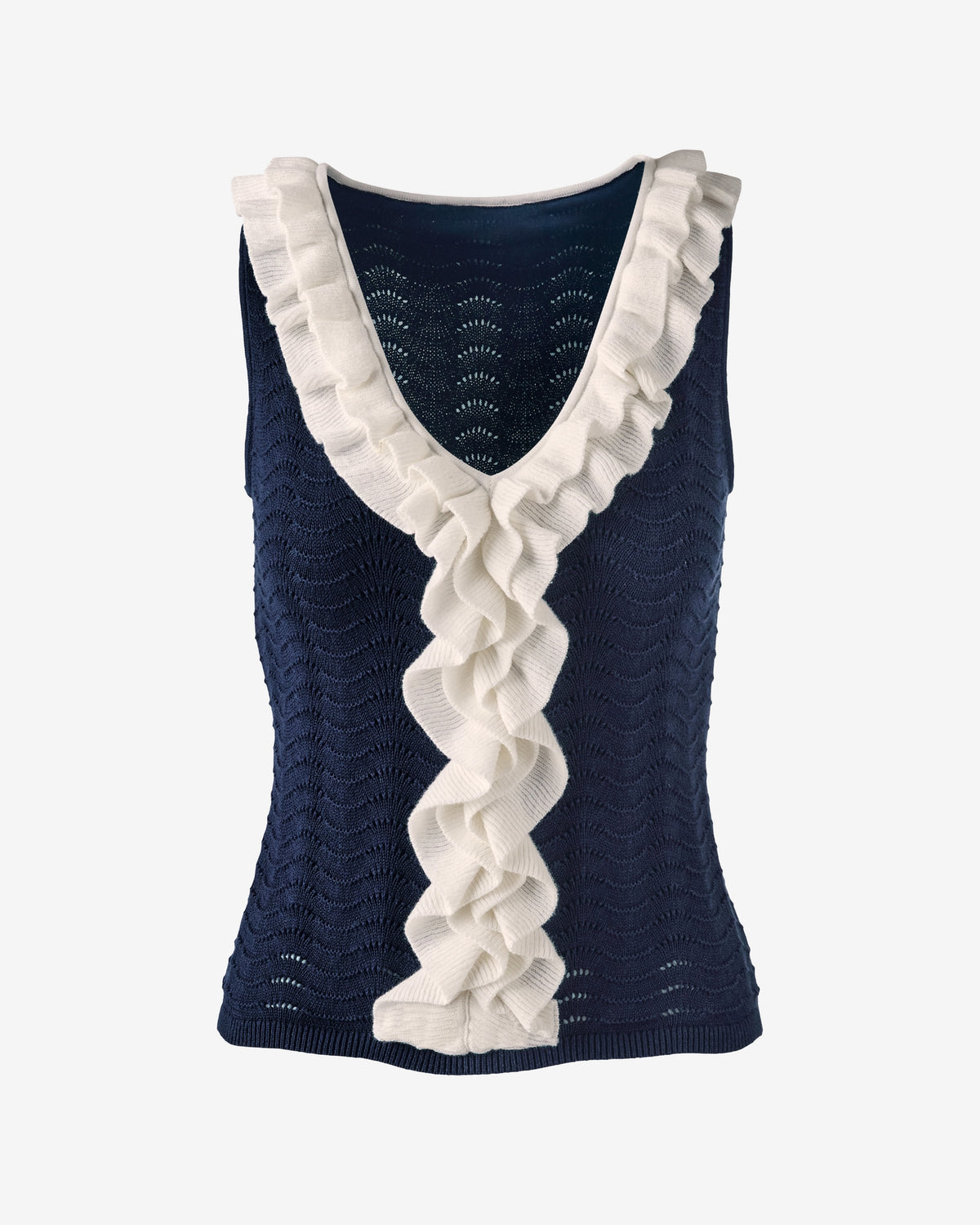 V-Neck Ruffle Front Sweater Navy/White