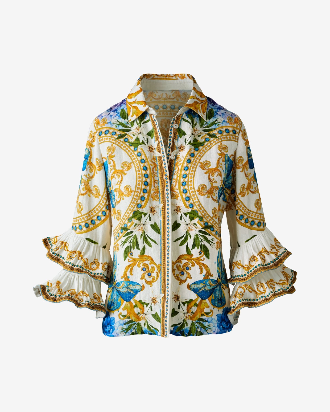 Printed Linen Drama Ruffle Sleeve Shirt Butterfly Garden