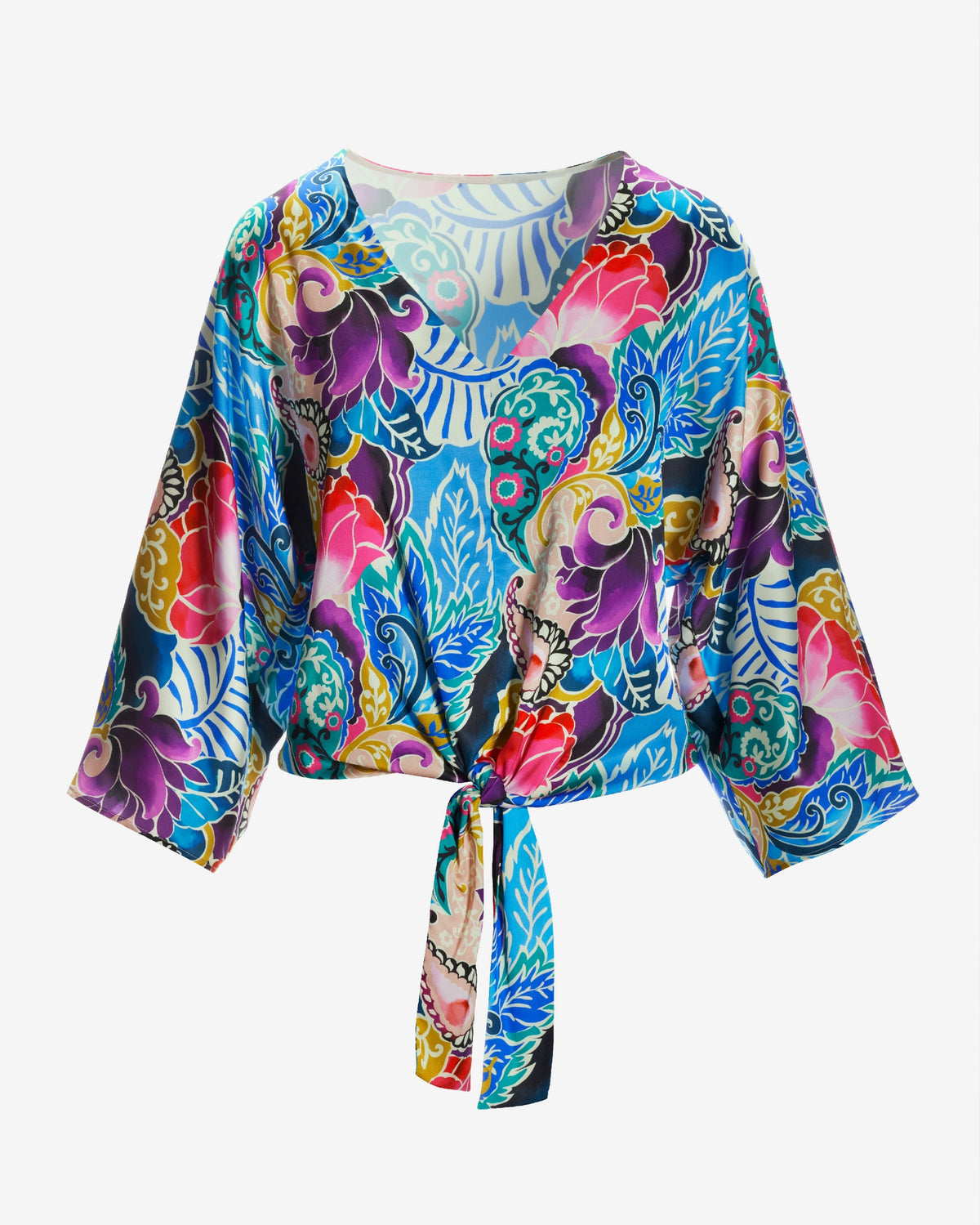 Jeweled Paisley Kate Tie Front Charmeuse Blouse Multi