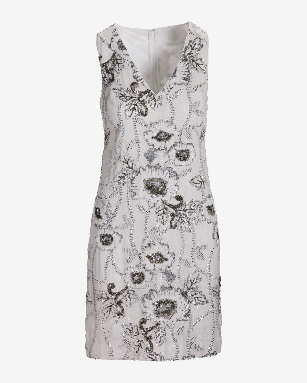 V Neck Sequin Embellished Shimmer Linen Sheath Dress White Silver