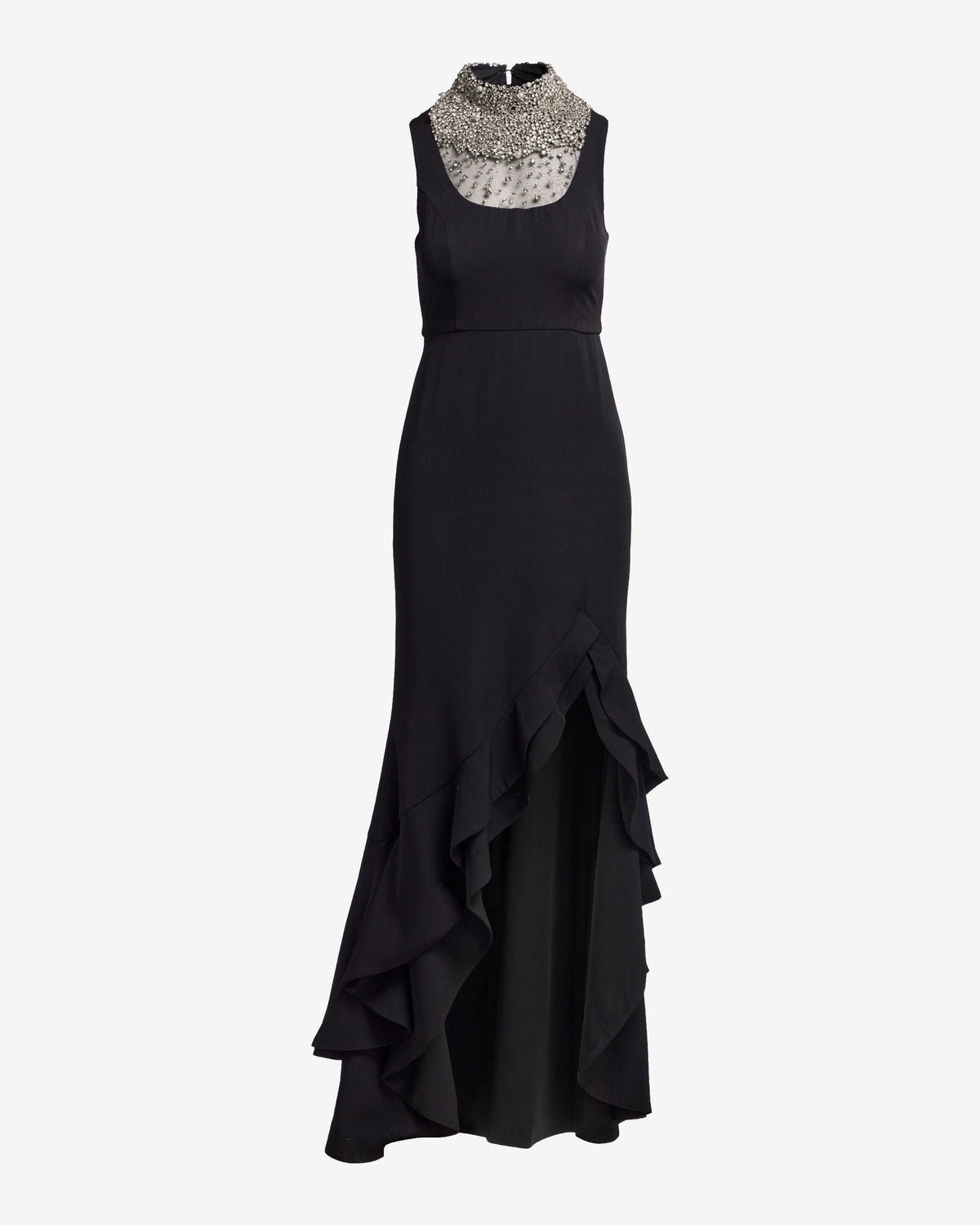 Pearl Mesh Embellished Ruffle Slit Gown Black
