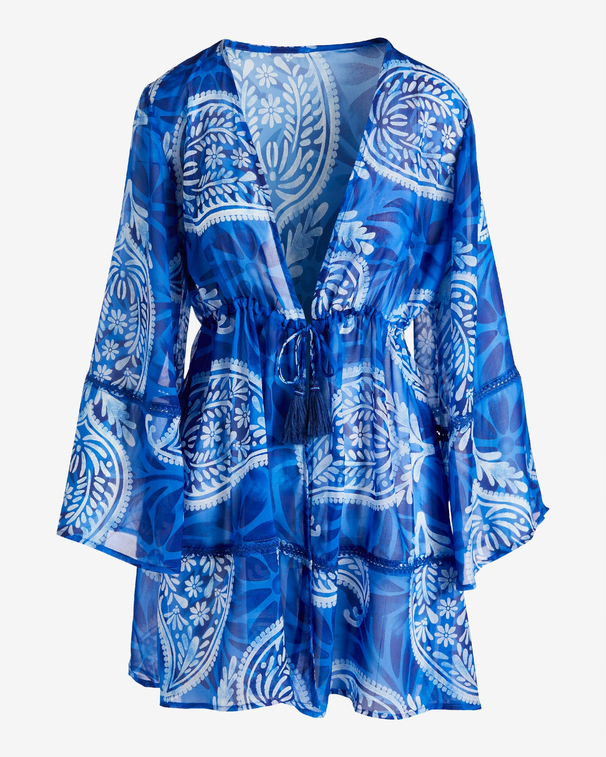 Tie Waist Flare Sleeve Printed Coverup Blue White