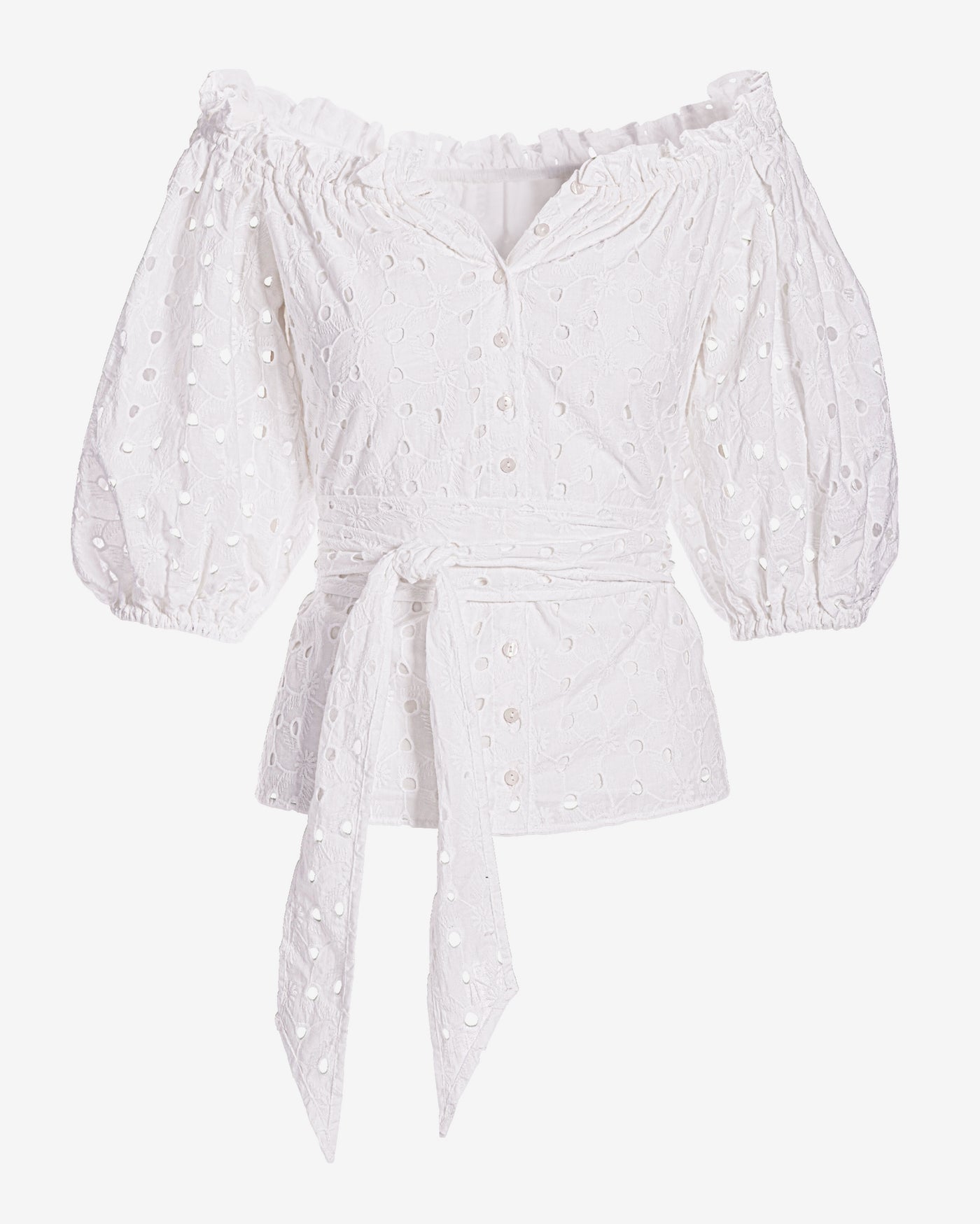 Eyelet Puff Sleeve Tie Waist Peplum Blouse White