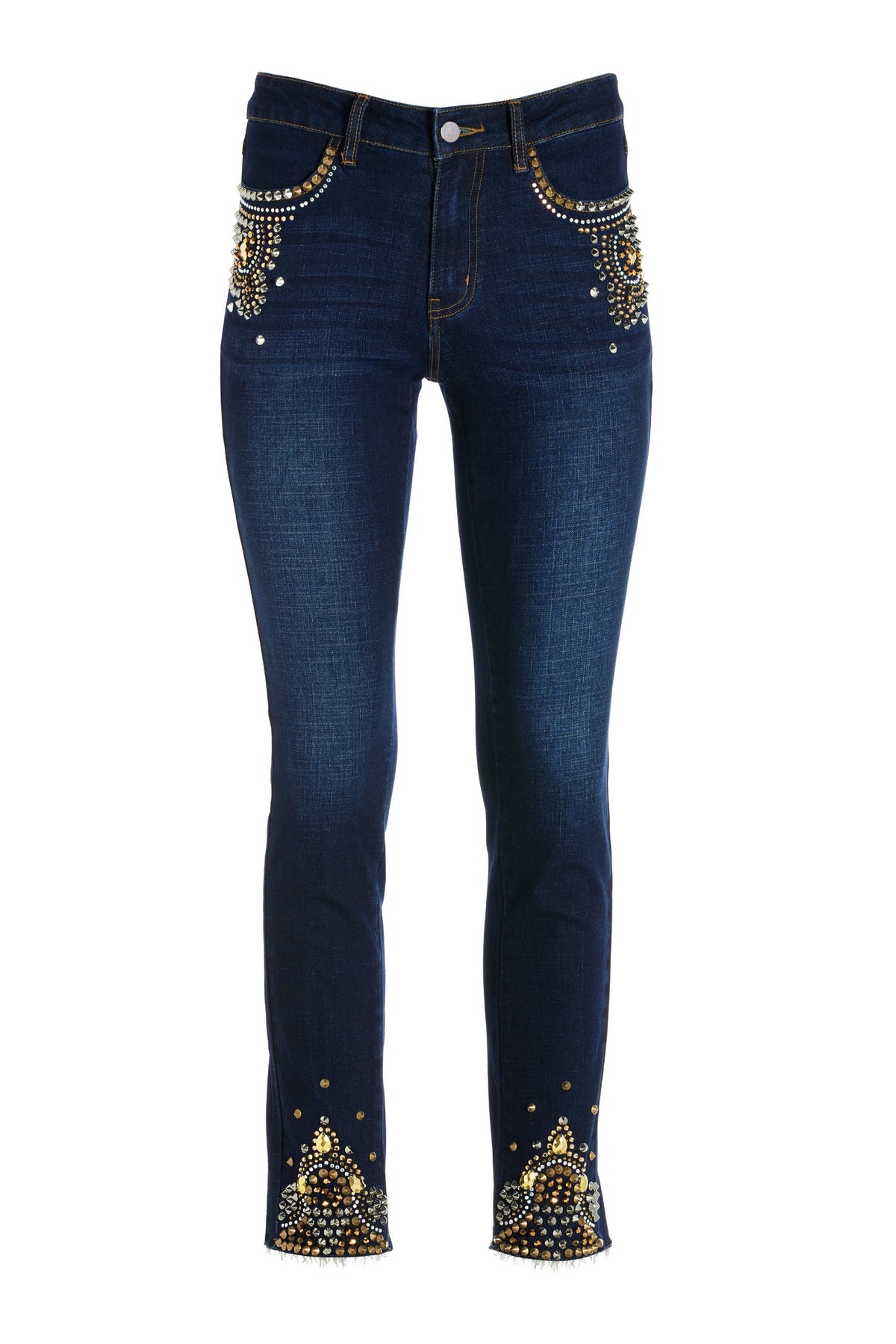 Studded High Rise Five Pocket Jean Dark Wash