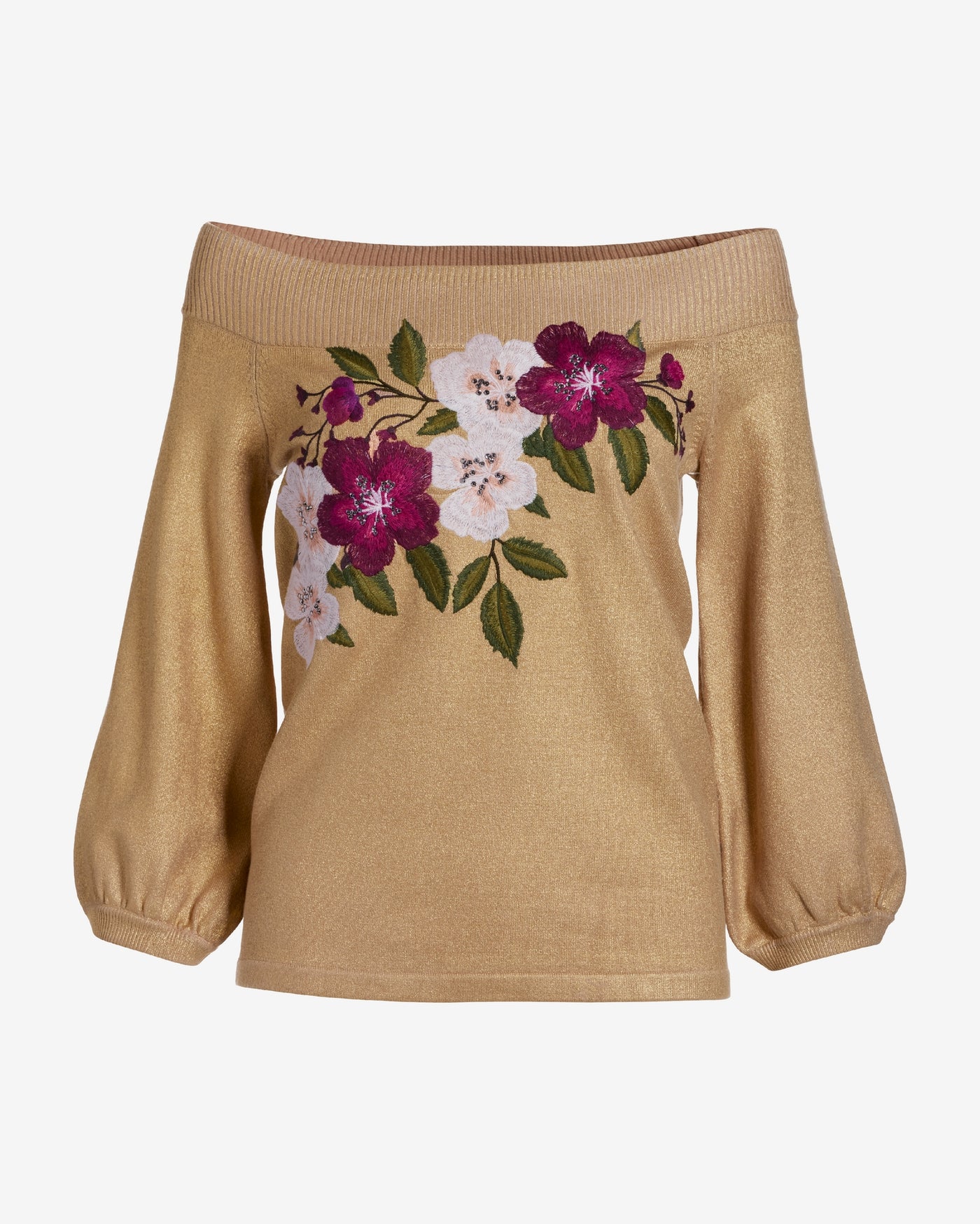 Floral Embroidered Slouchy Sweater Gold
