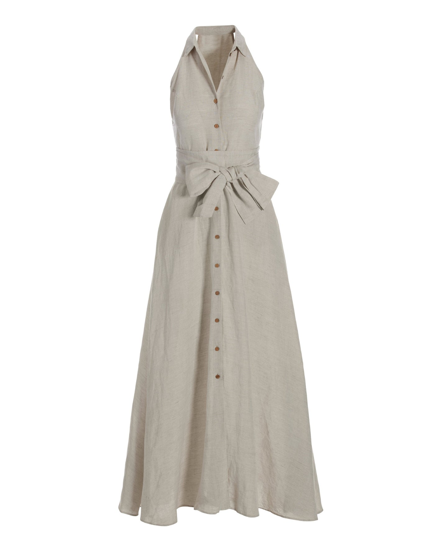 Linen Button Up Fit and Flare Halter Shirt Dress Flax