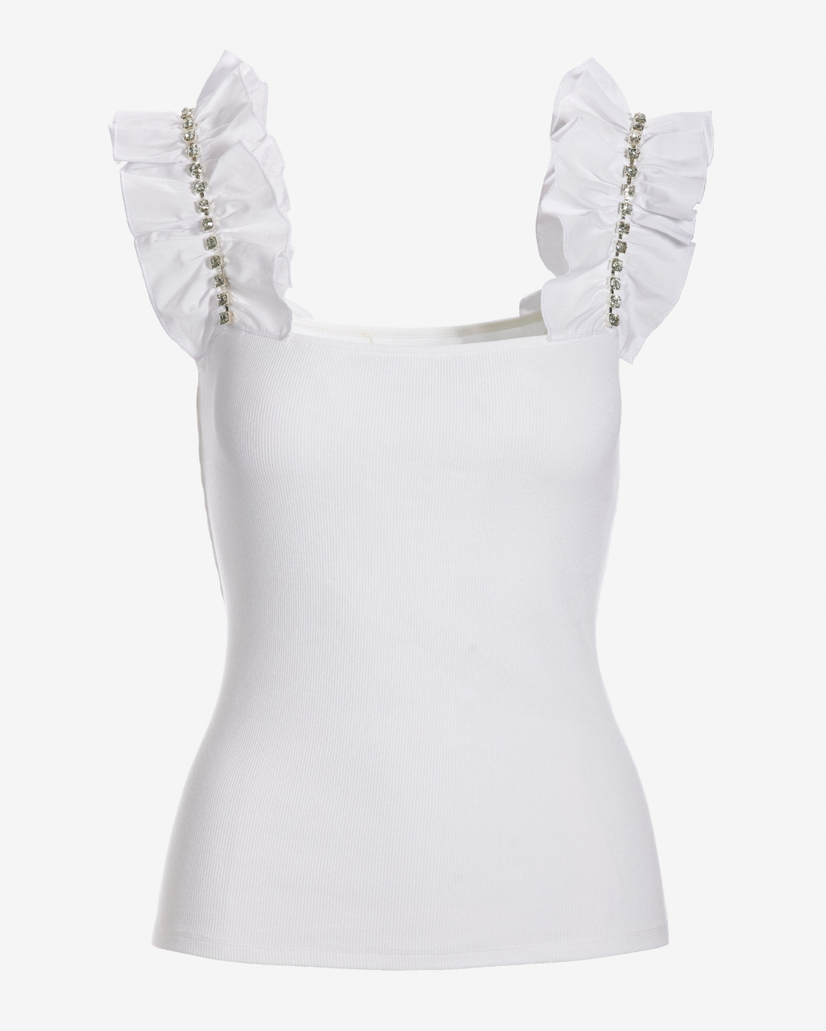 Rhinestone Ruffle Sleeve Tank Top Pure White