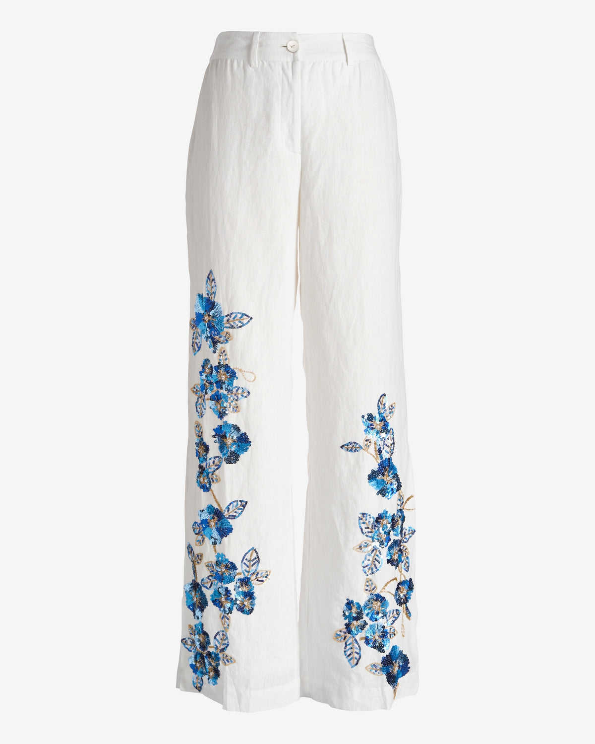 Floral Sequin Side Slit Linen Pant White