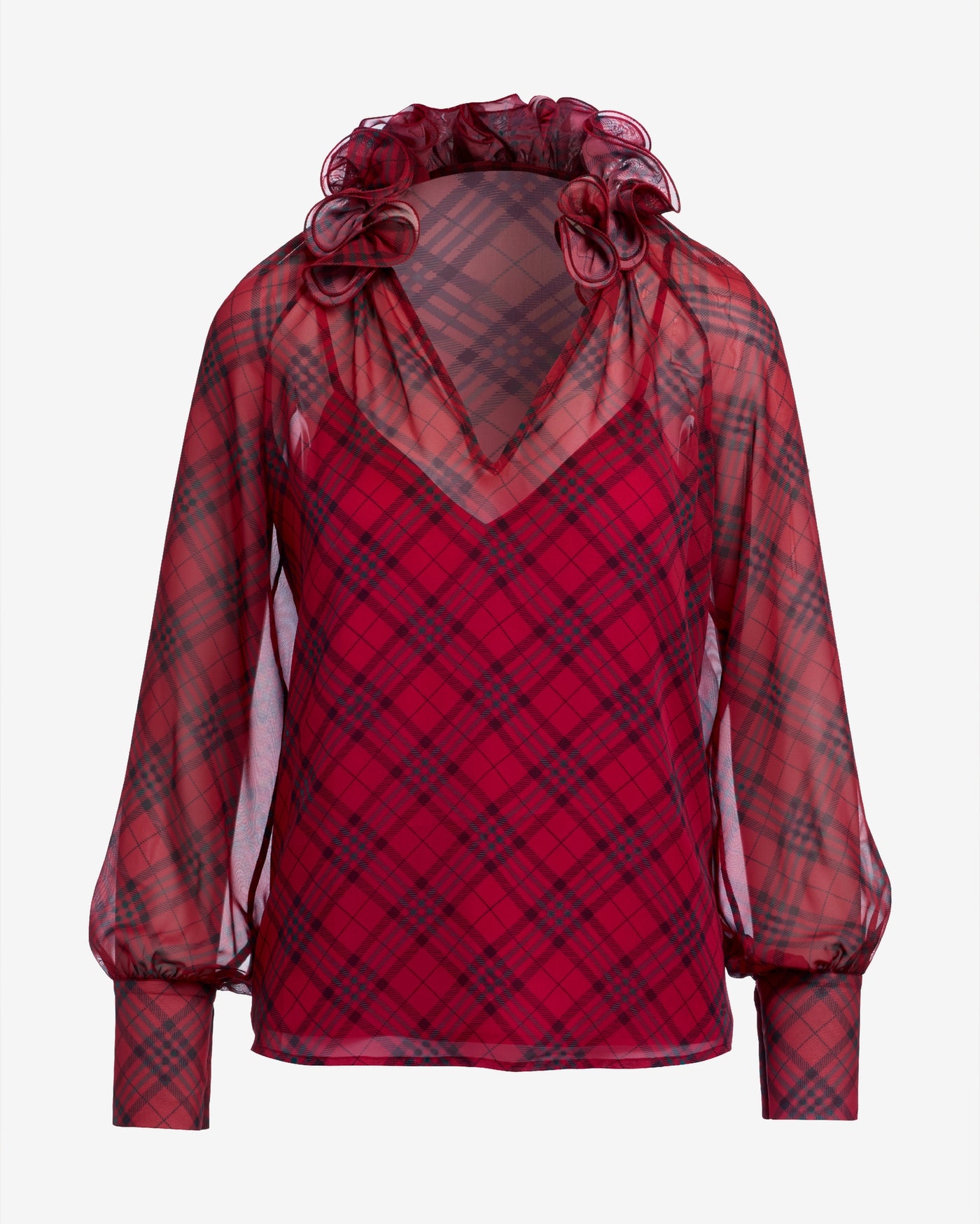 Ruffle Collar Print Blouse Festive Plaid