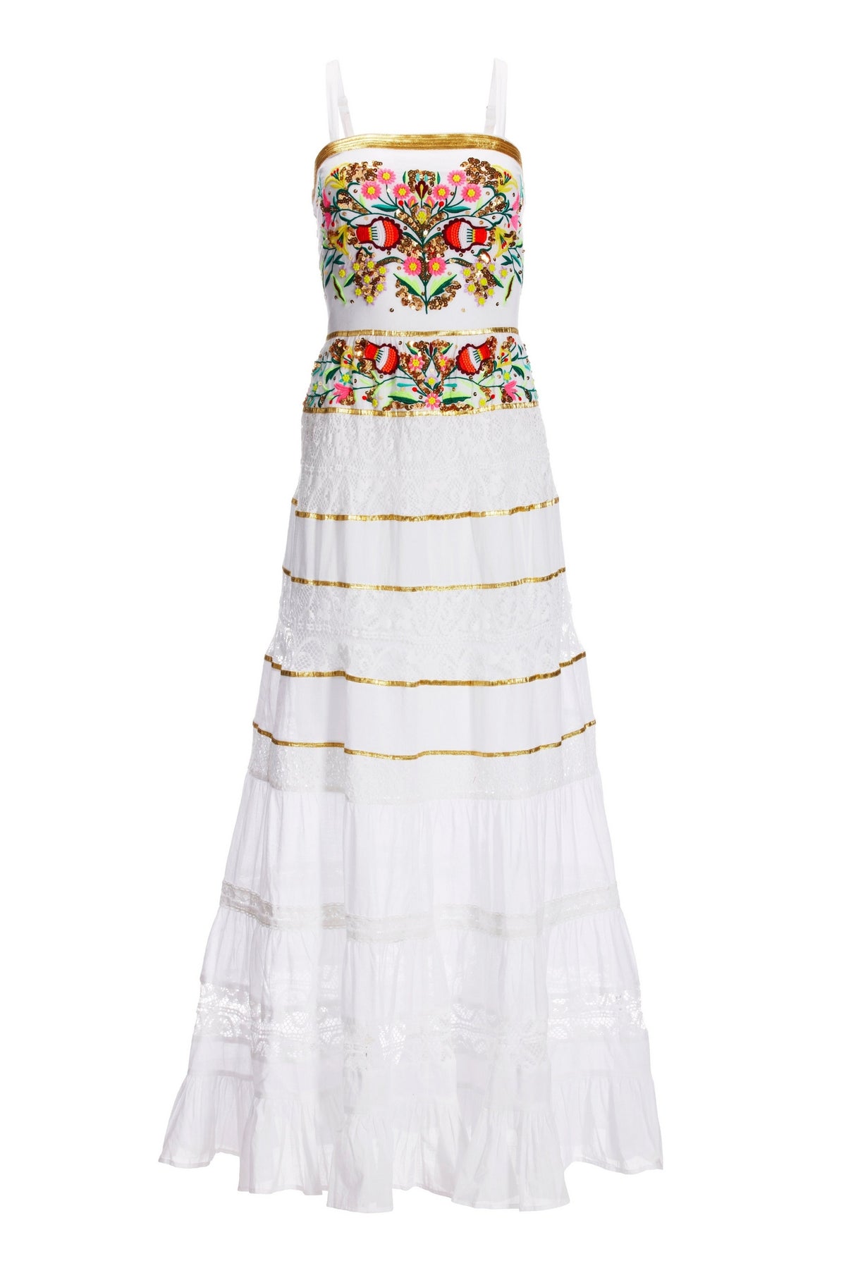 Sequin and Embroidered Lace Inset Maxi White Multi