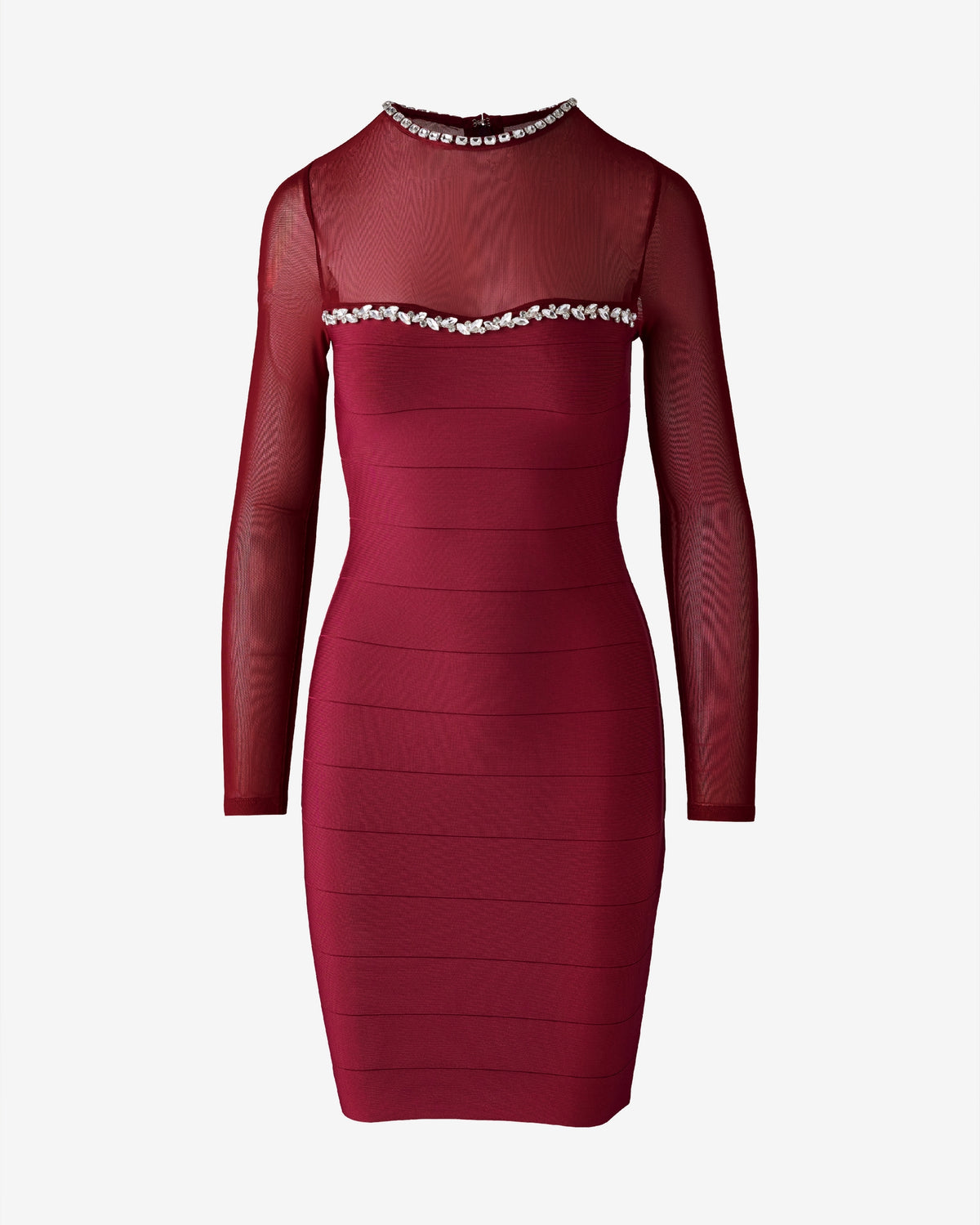 Rhinestone Embellished Mesh Neckline Bandage Dress Red