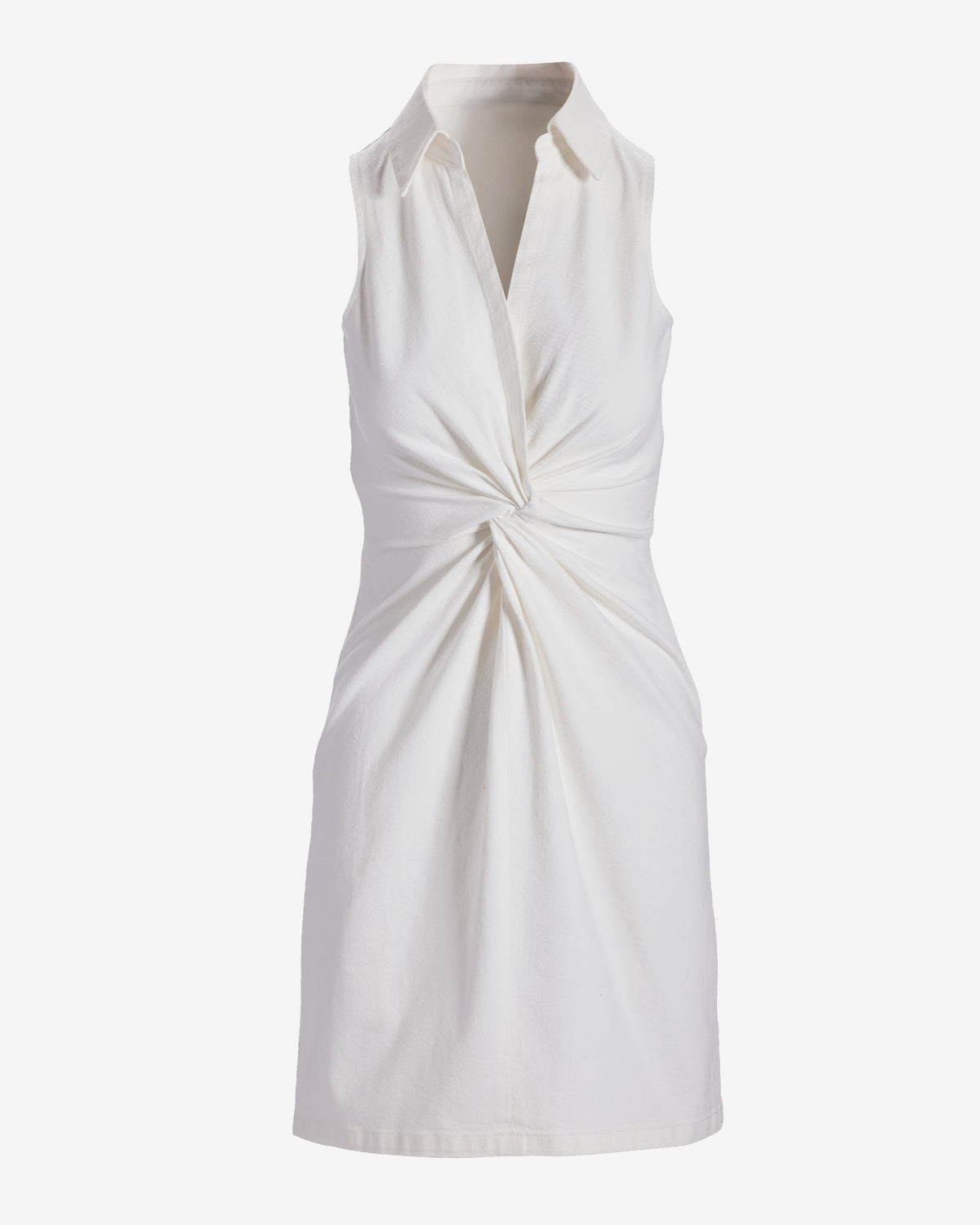 Stretch Denim Knot Waist Collared Shift Dress White