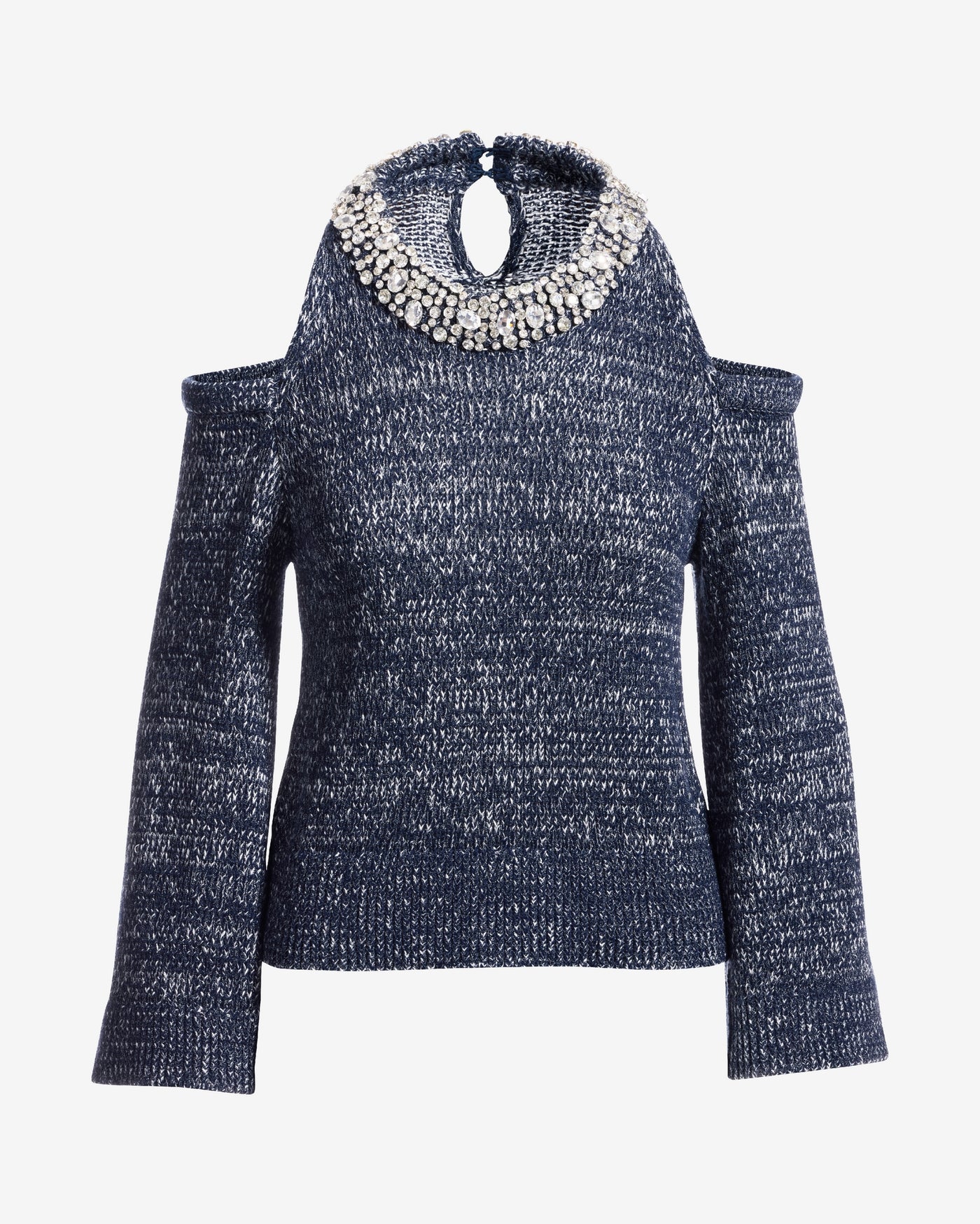 Embellished Neckline Cold Shoulder Sweater Navy