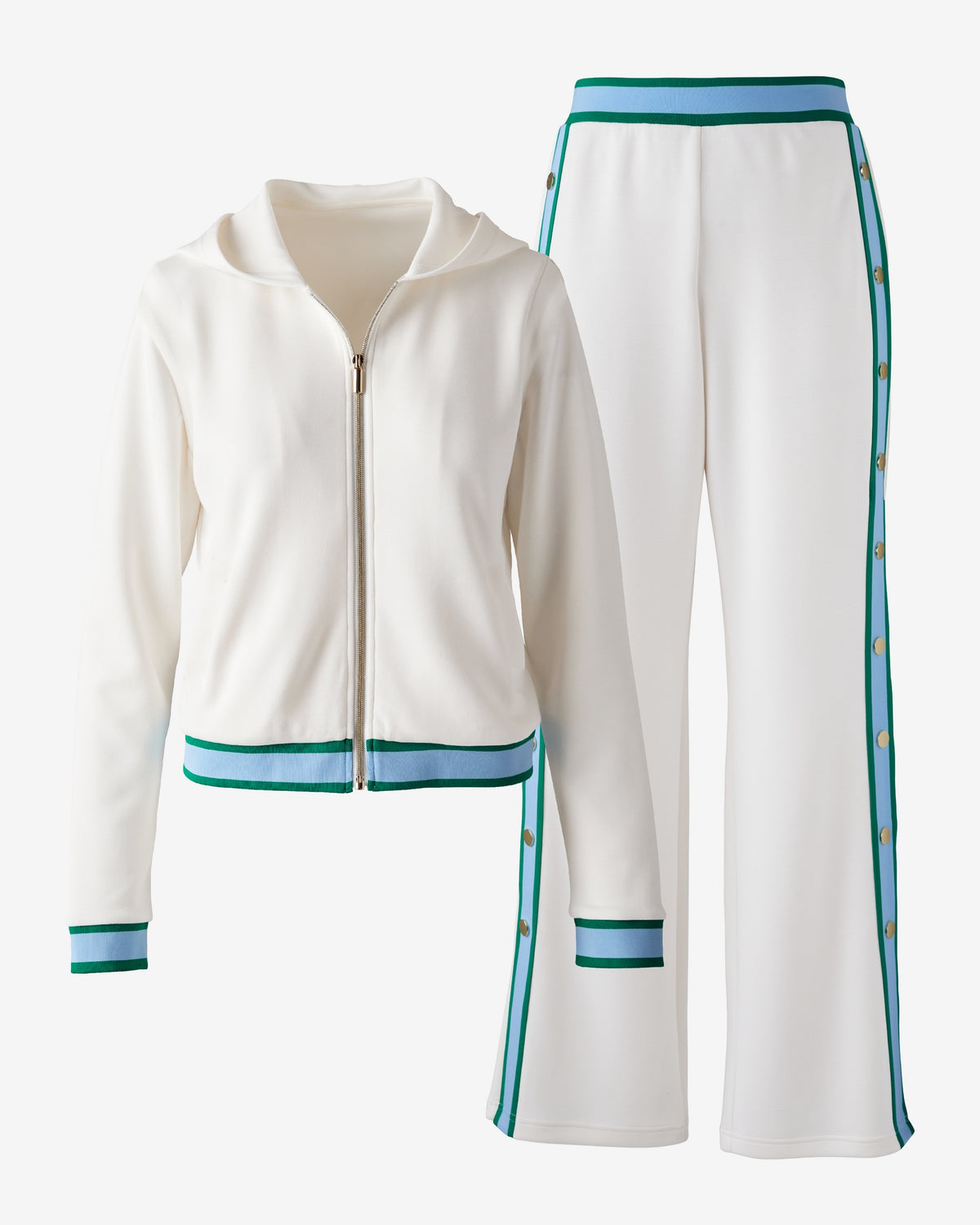 Luxe Lounge Zip Up and Pant Two Toned Piping Set White