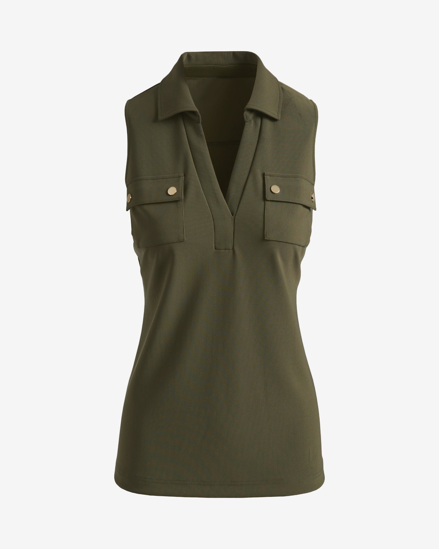 Beyond Travel Sleeveless Collared Utility Top Olive Night