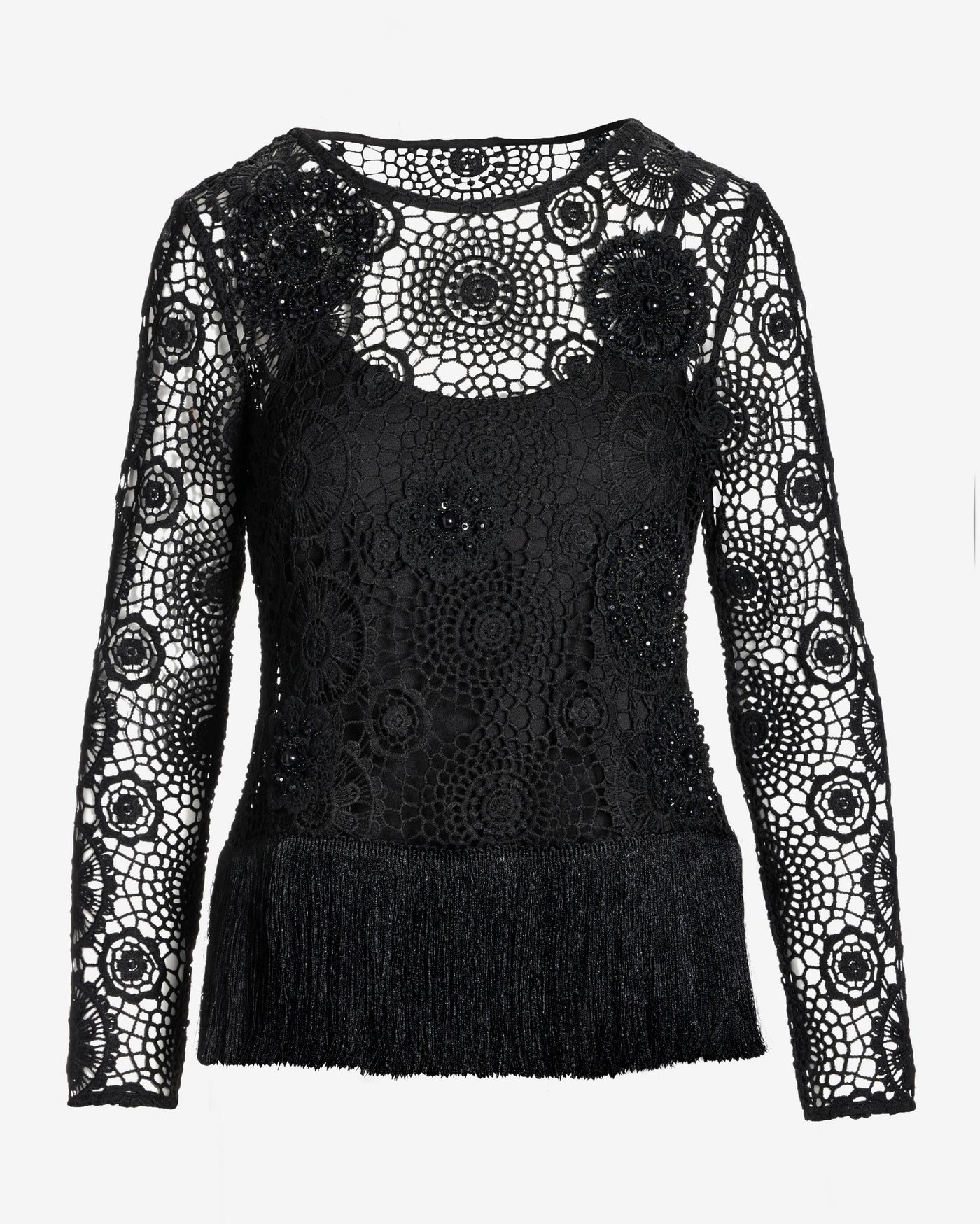 Embellished Crochet Fringe Pullover Black