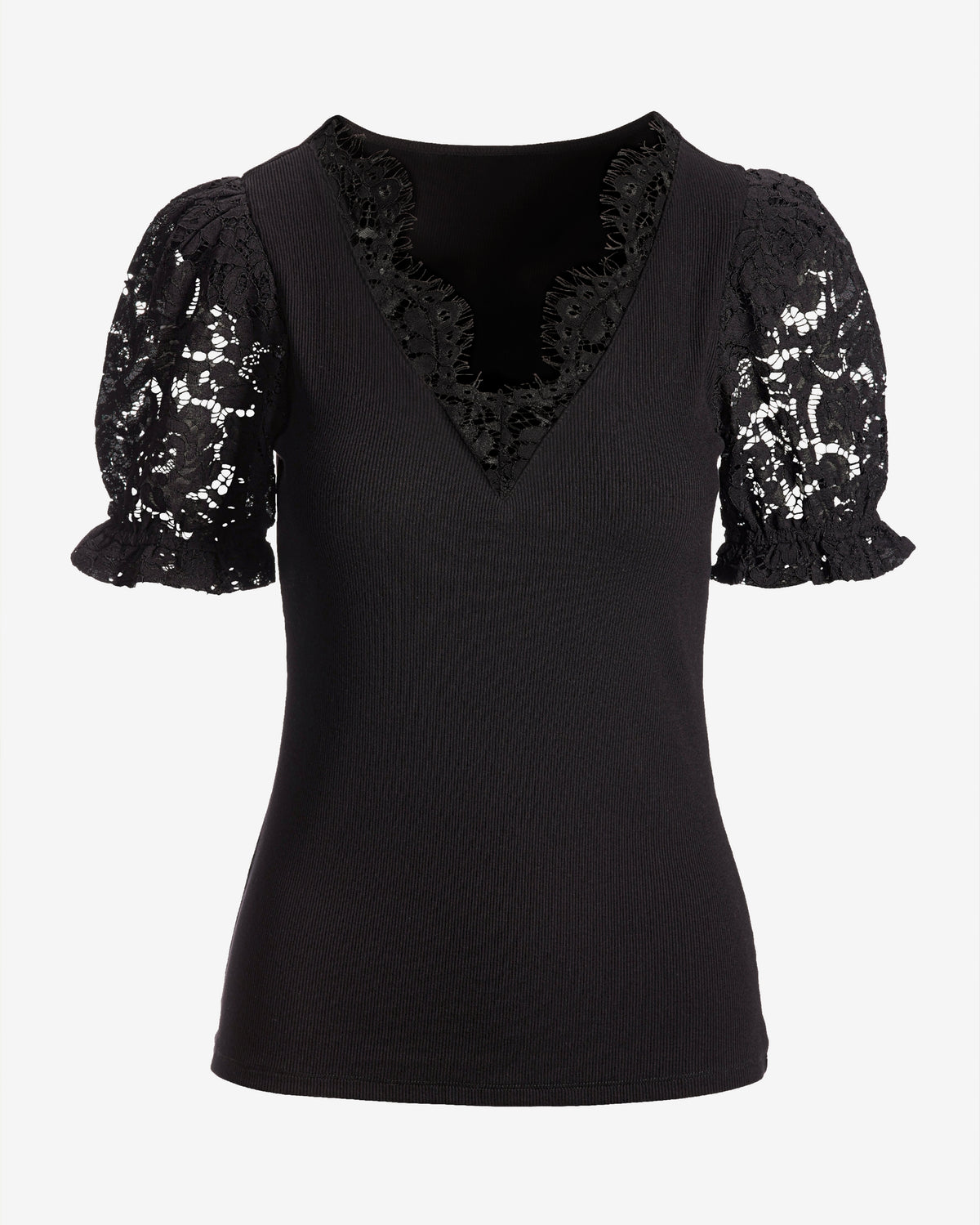 So Essential Lace V Neck Puff Sleeve Top Proper Black
