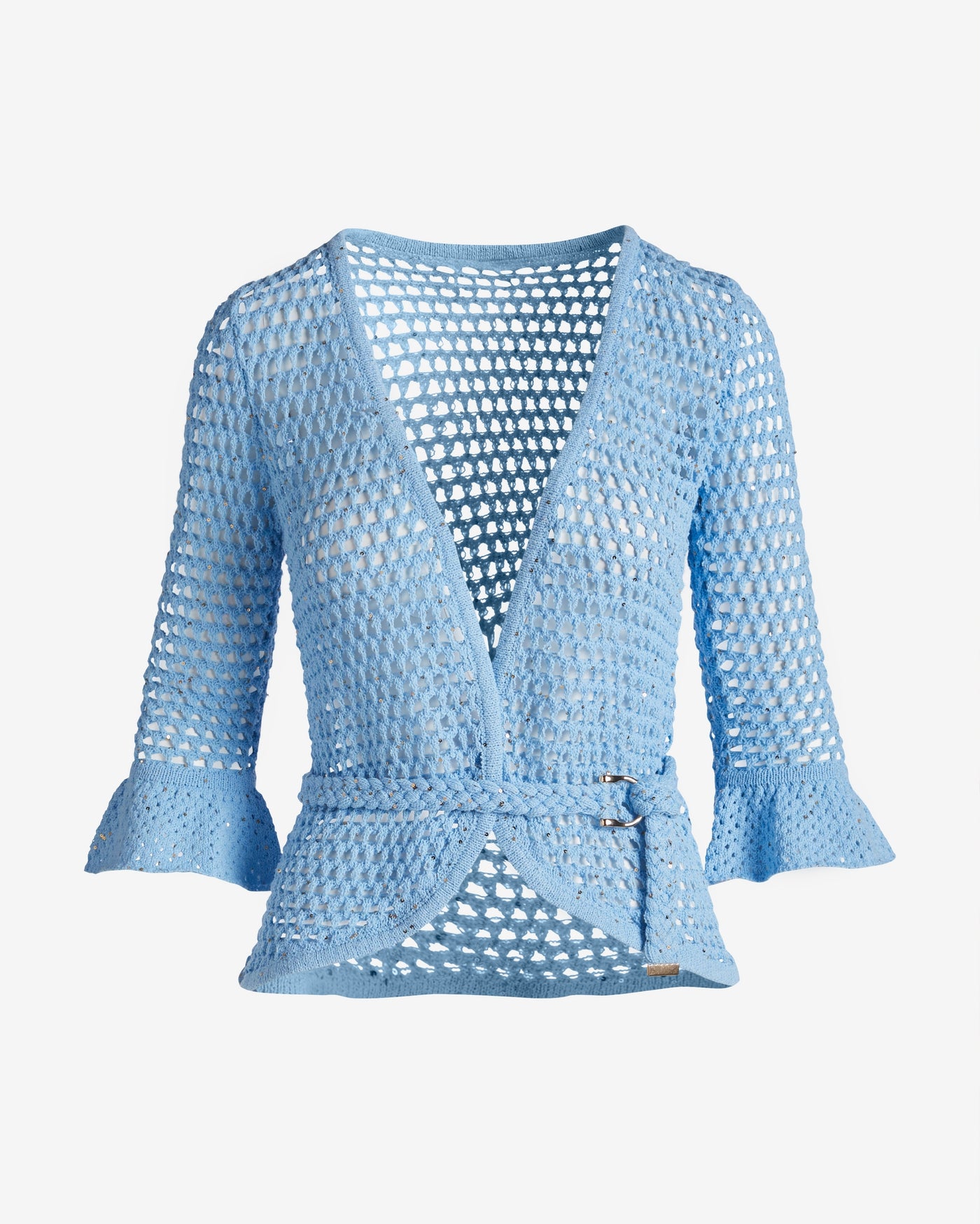 Sequin Crochet Belted Cardigan Airy Blue