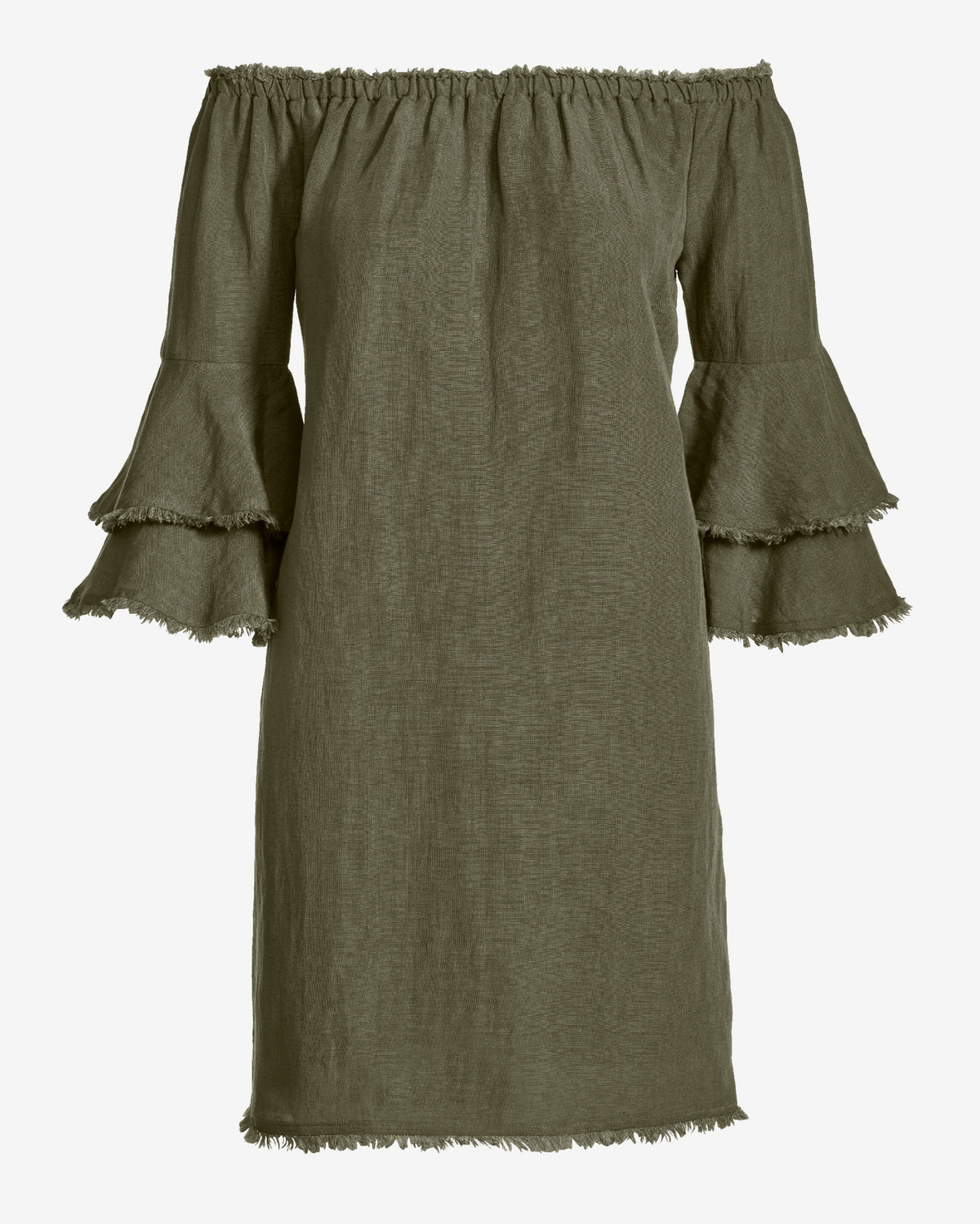 Linen Off The Shoulder Tiered Sleeve Shift Dress Olive Night