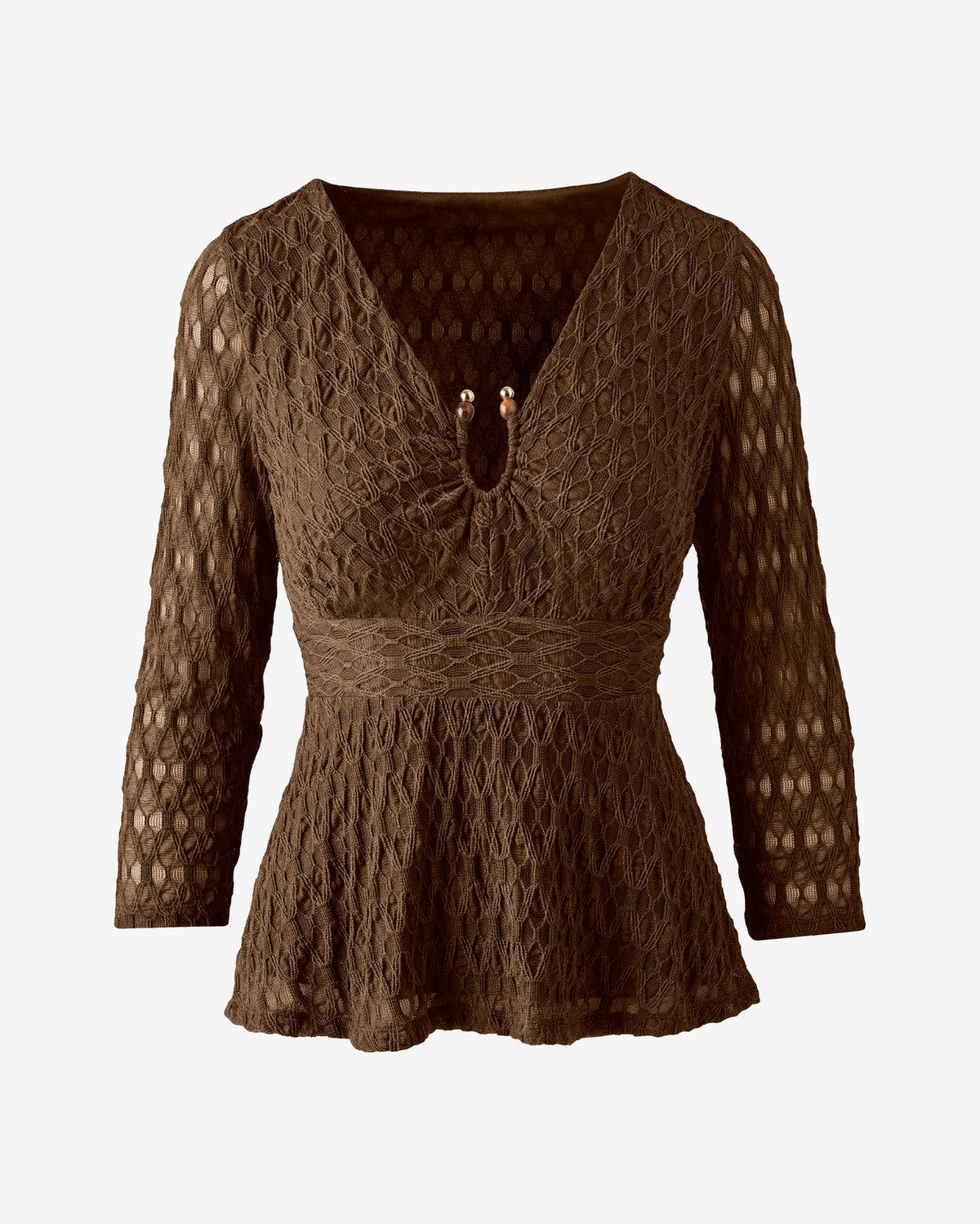 Textured Knit Top with Beaded Neck Detail Safari Brown
