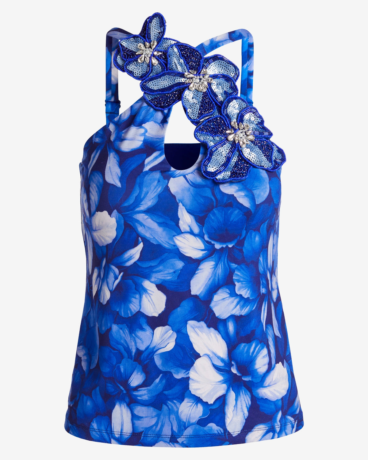 Printed Keyhole Floral Applique Knit Tank Blue Iris Floral