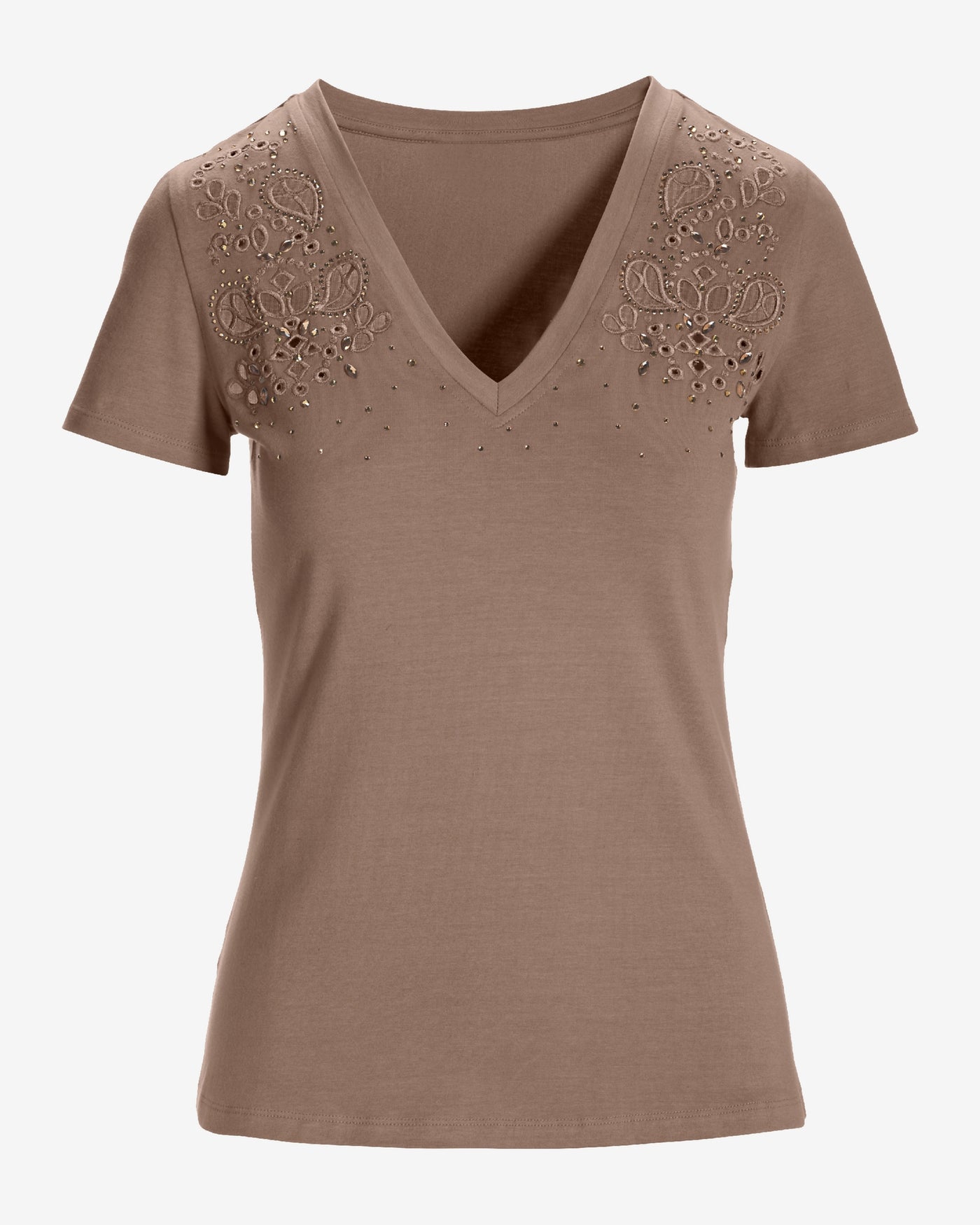 Rhinestone Eyelet V Neck Tee Dune