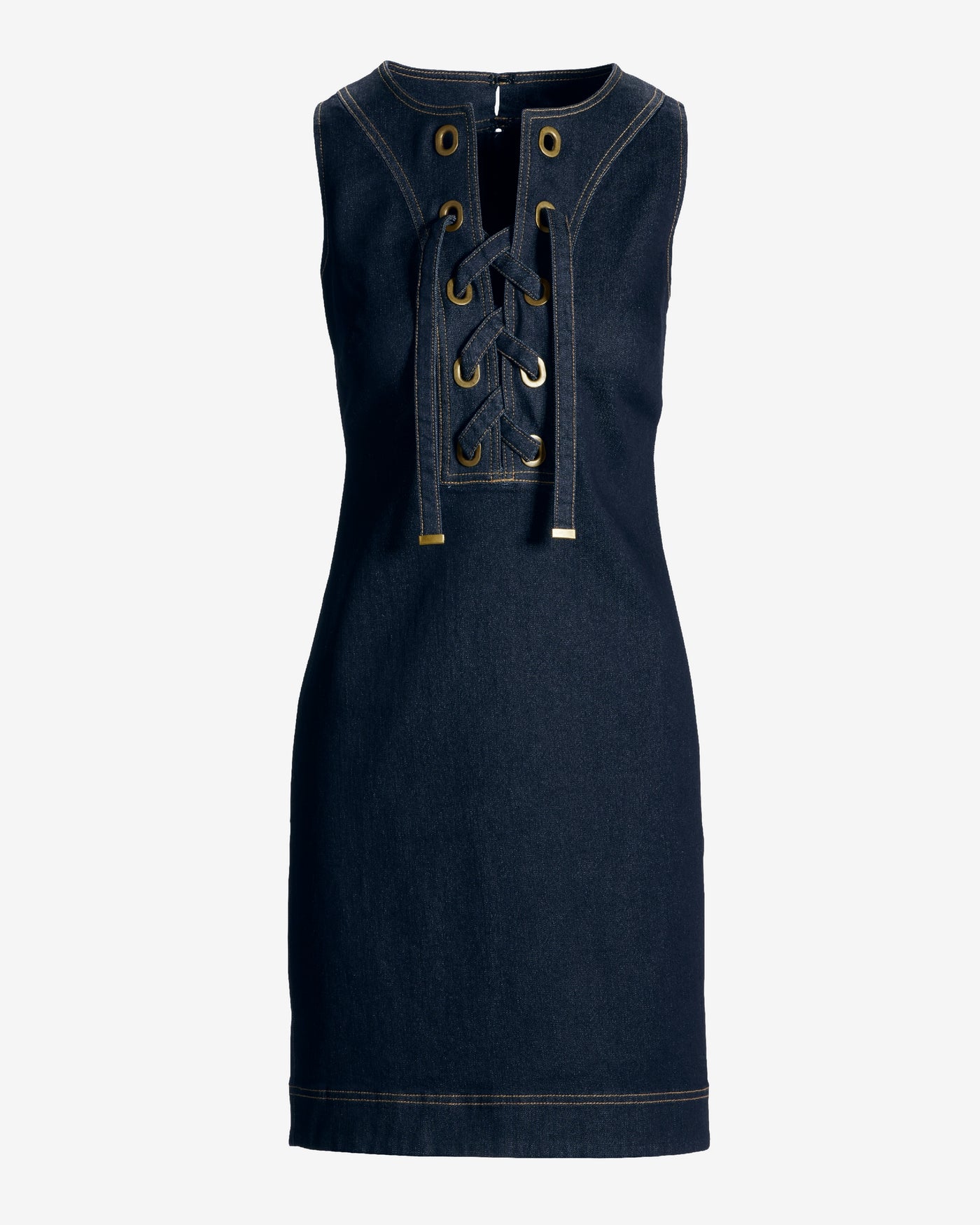 Sleeveless Lace Up Grommet Detail Denim Tunic Dress Rinse