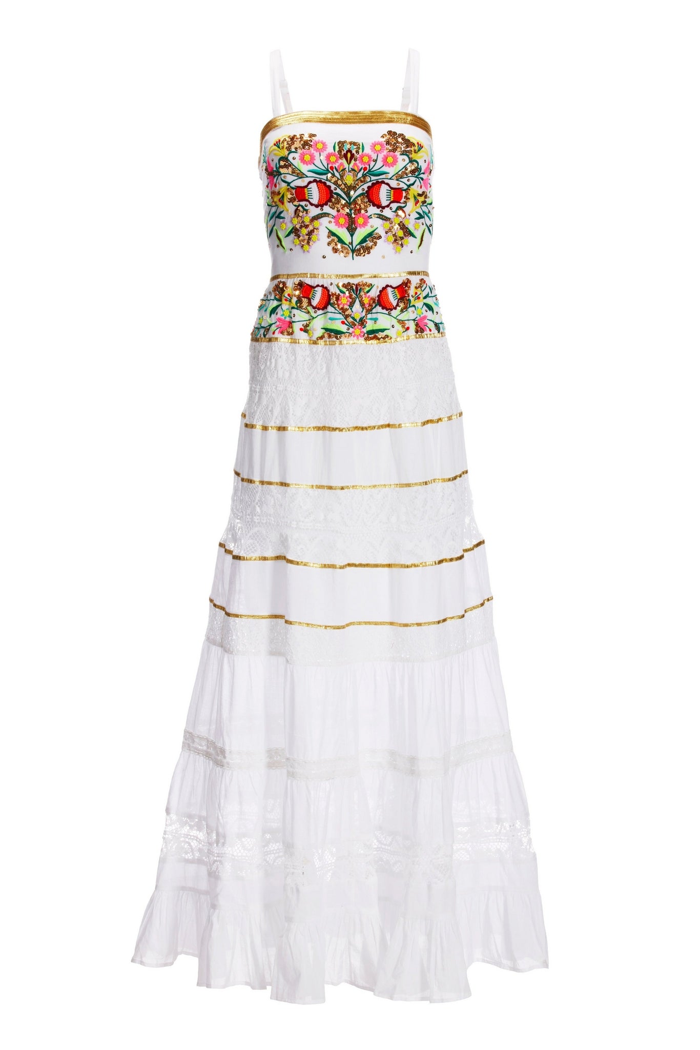 Sequin and Embroidered Lace Inset Maxi White Multi