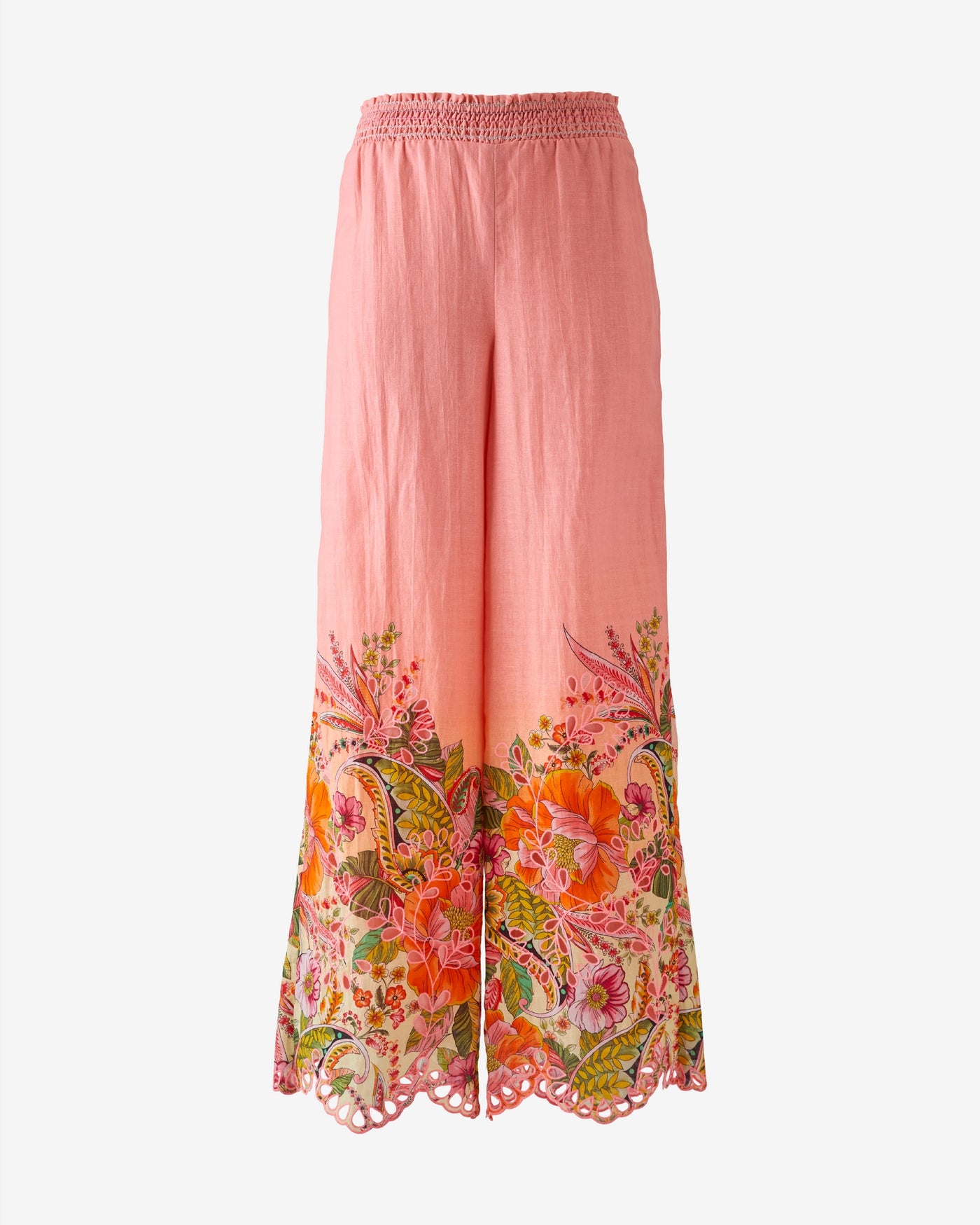 Printed Linen Eyelet Embroidered Wide Leg Pant Paisley Blooms
