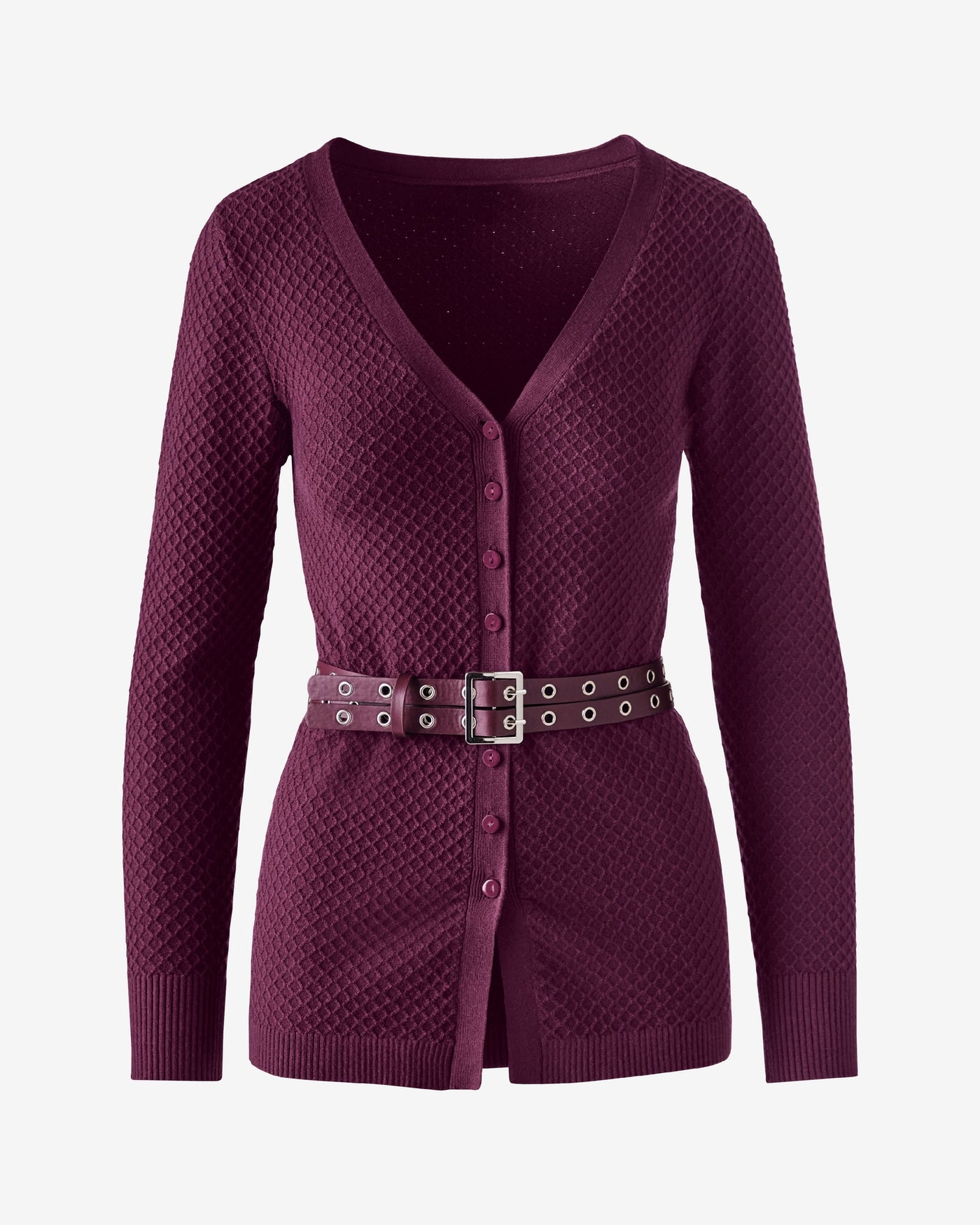 V-Neck Cutaway Sweater with Belt Mauve Wine
