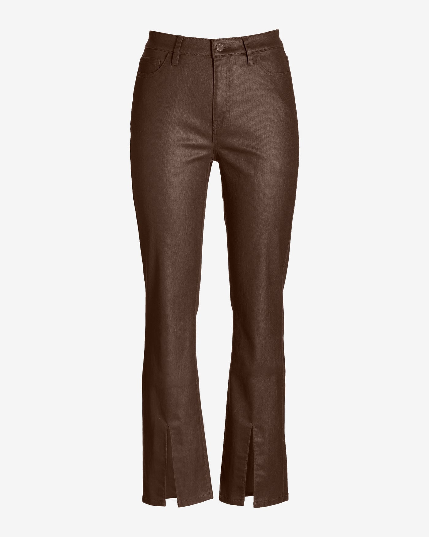 Newport High Rise Slit Front Coated Slim Straight Jean Chocolate