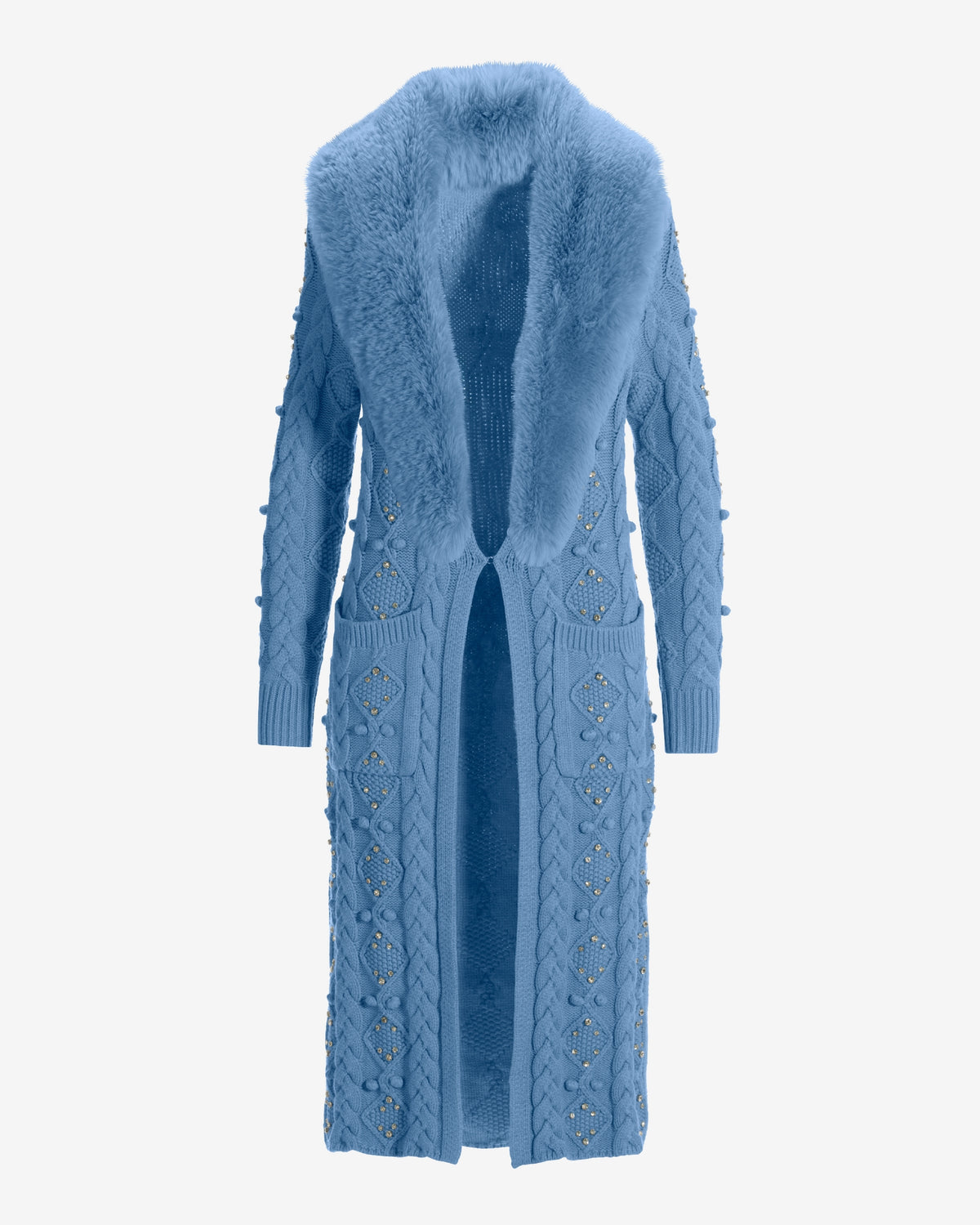 Faux Fur Embellished Cable Duster Clear Blue Sky