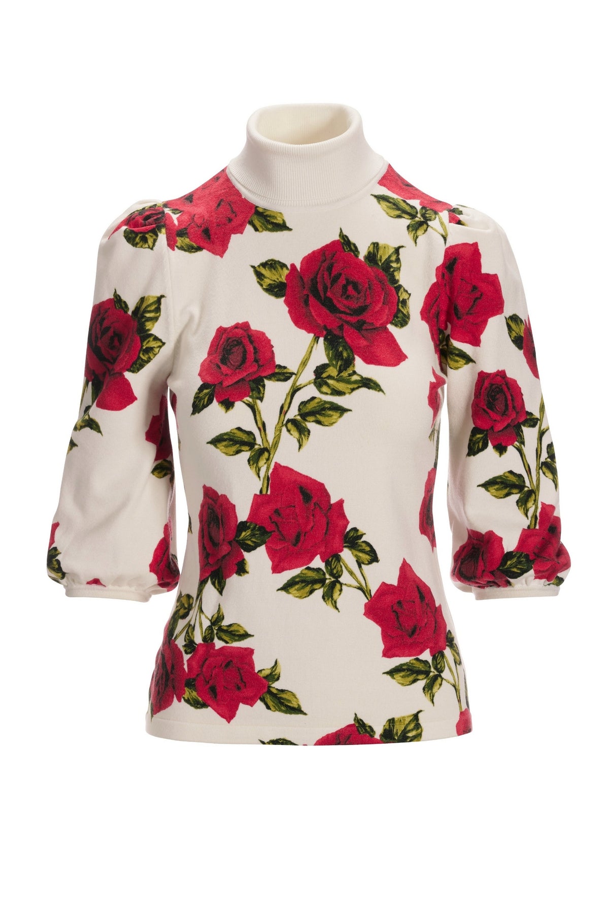 Rose Printed Turtleneck Sweater Off White Multi